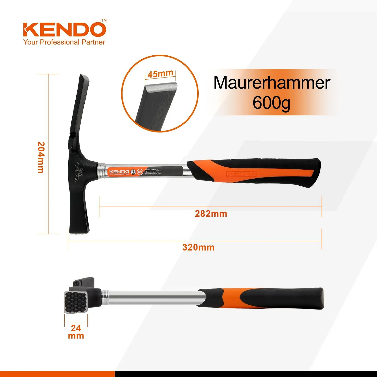 Молоток каменщика KENDO Берлинская форма 600 г 325 мм с 2-компонентной рукояткой из углеродистой стали, фото №3 Молоток каменщика KENDO Берлинская форма 600 г 325 мм с 2-компонентной рукояткой из углеродистой стали, фото №3