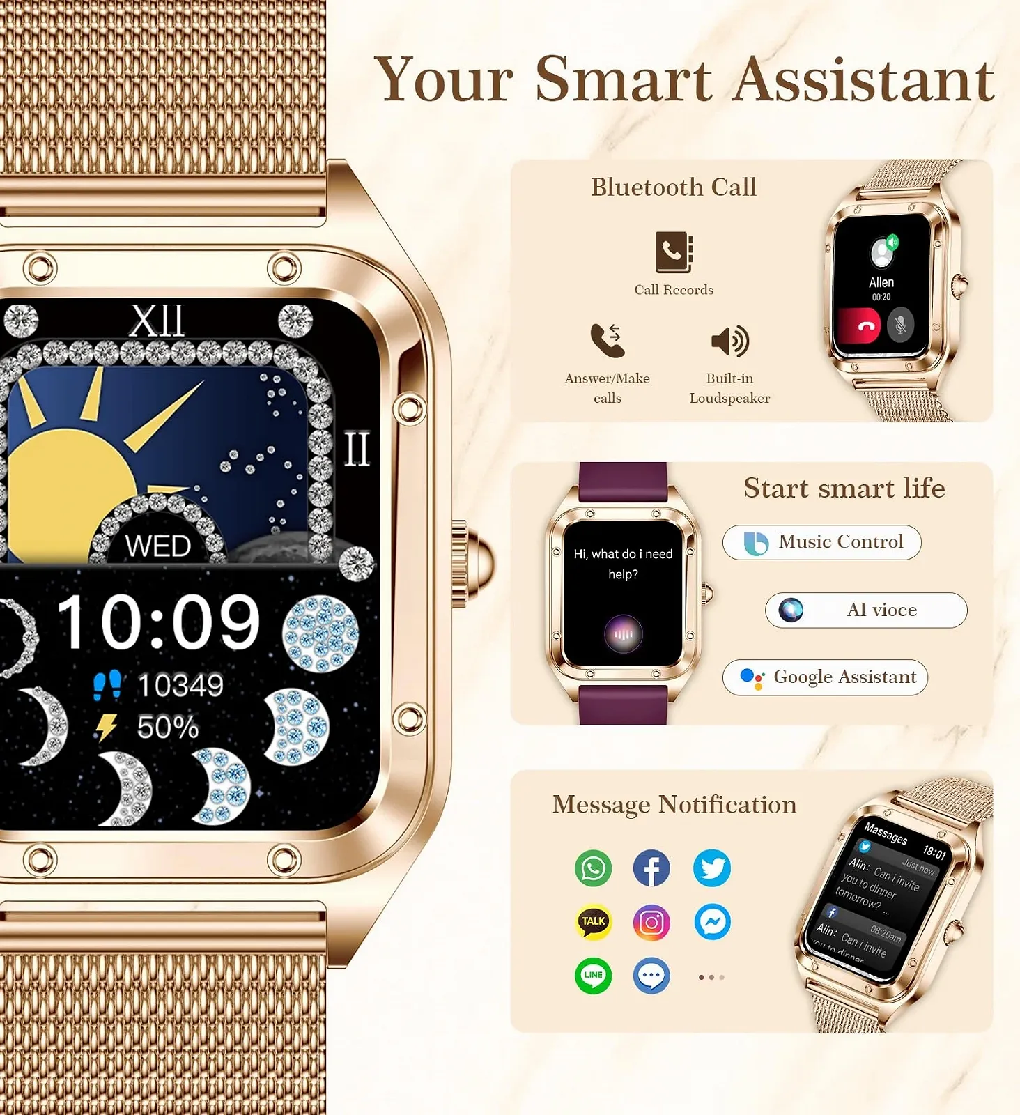 Смарт-годинник жіночий Betatree 1.6 дюйми, фітнес-трекер, монітор серцевого ритму/SpO2/сну, 19 видів спорту, крокомір, секундомір, сумісний з Android iOS, фото №2 Смарт-годинник жіночий Betatree 1.6 дюйми, фітнес-трекер, монітор серцевого ритму/SpO2/сну, 19 видів спорту, крокомір, секундомір, сумісний з Android iOS, фото №2