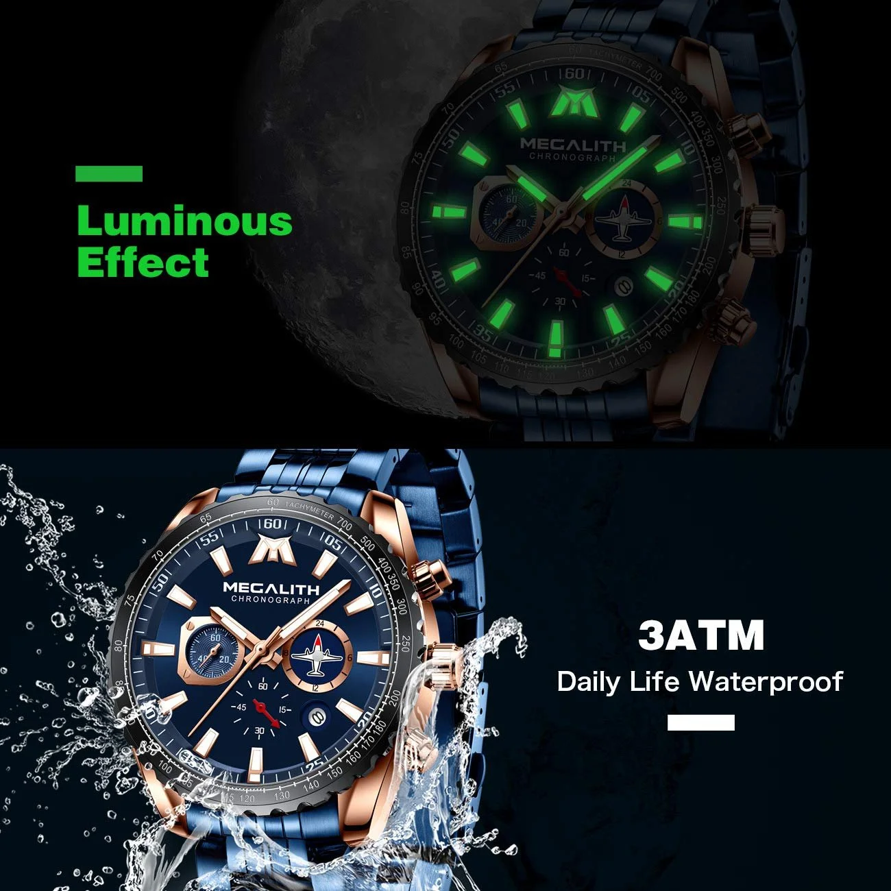 Годинник MEGALITH Чоловічий з нержавіючої сталі Хронограф Великий з датою, фото №5