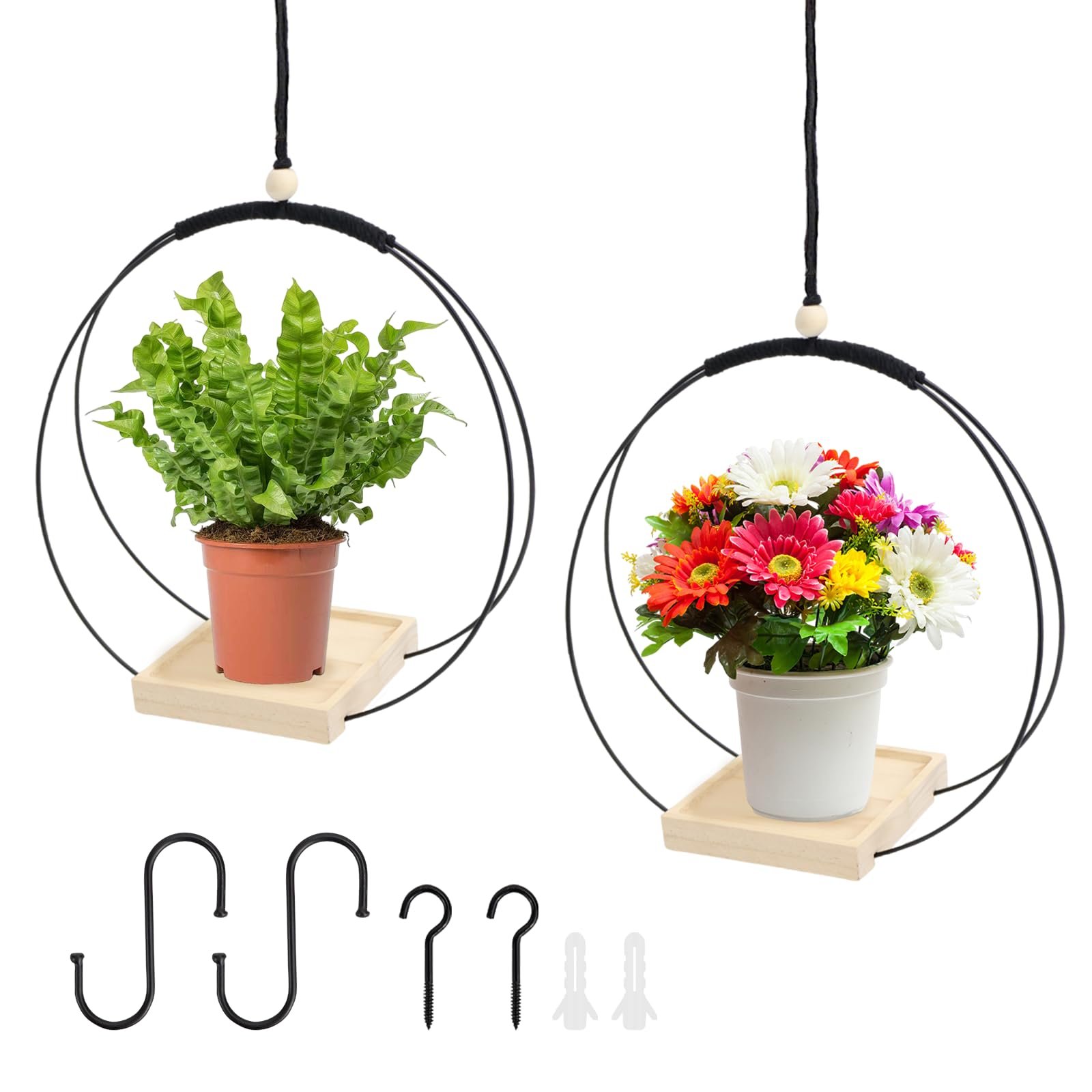 Підвісні кошики для рослин KVXXVX 2 шт метал дерево чорні, фото №1