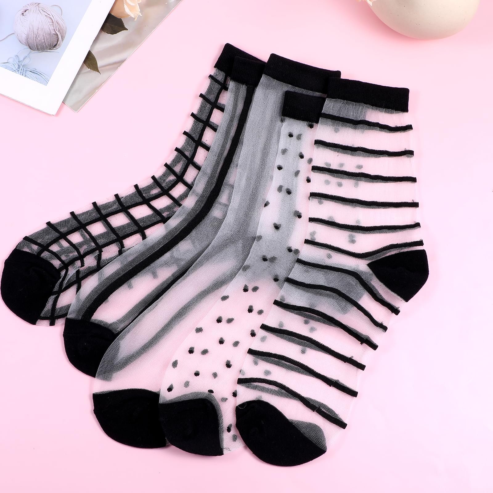 Носки с оборками Teaaha, 5 пар, прозрачные, летние тонкие носки, в горошек, полосатые сетчатые чулки, универсальный размер, черно-белые, фото №7