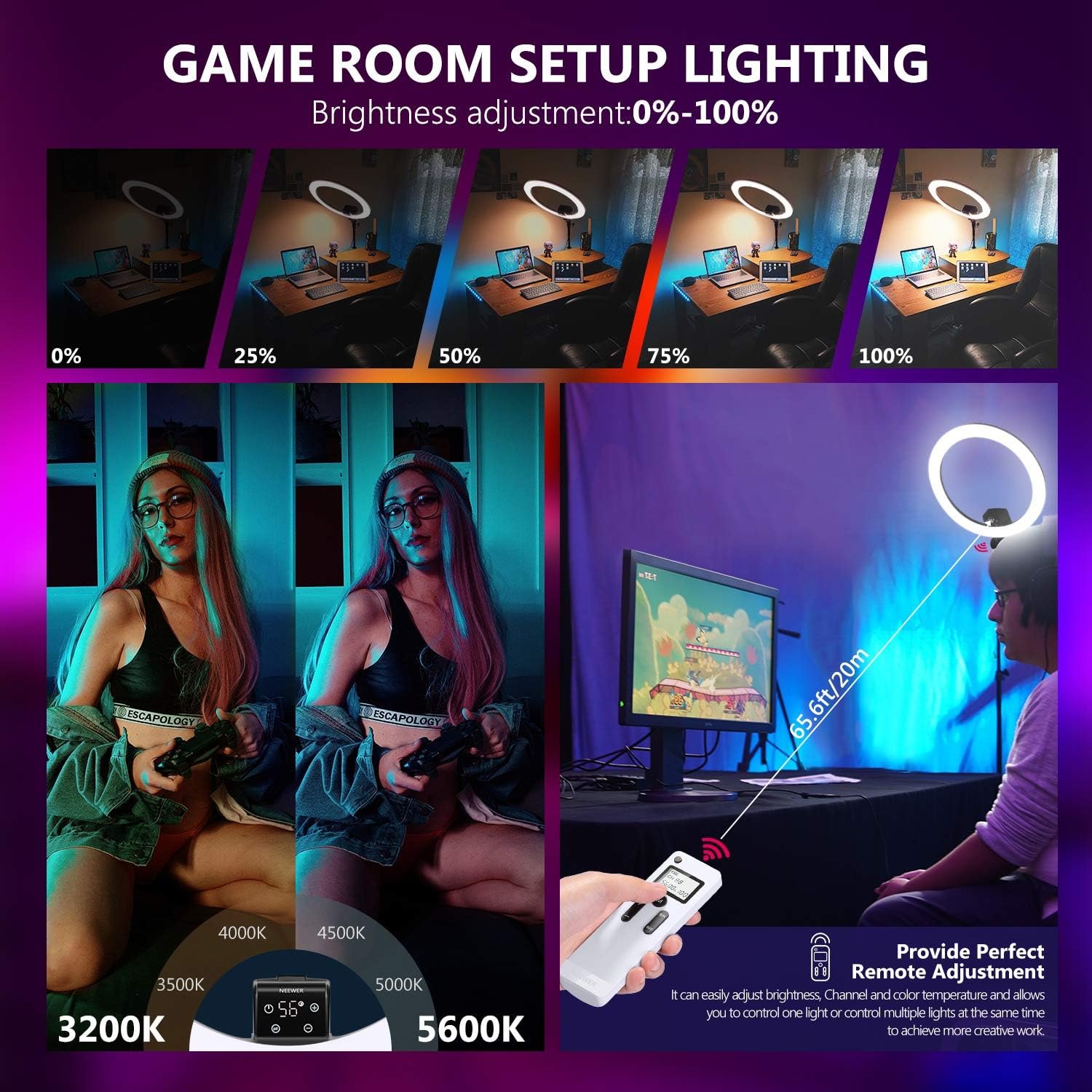 Кільцева лампа Neewer SRP18-2.4G / 18 дюймів / CRI 95+ / Сенсорне та ДУ керування / 3200-5600K / Чорна, фото №2