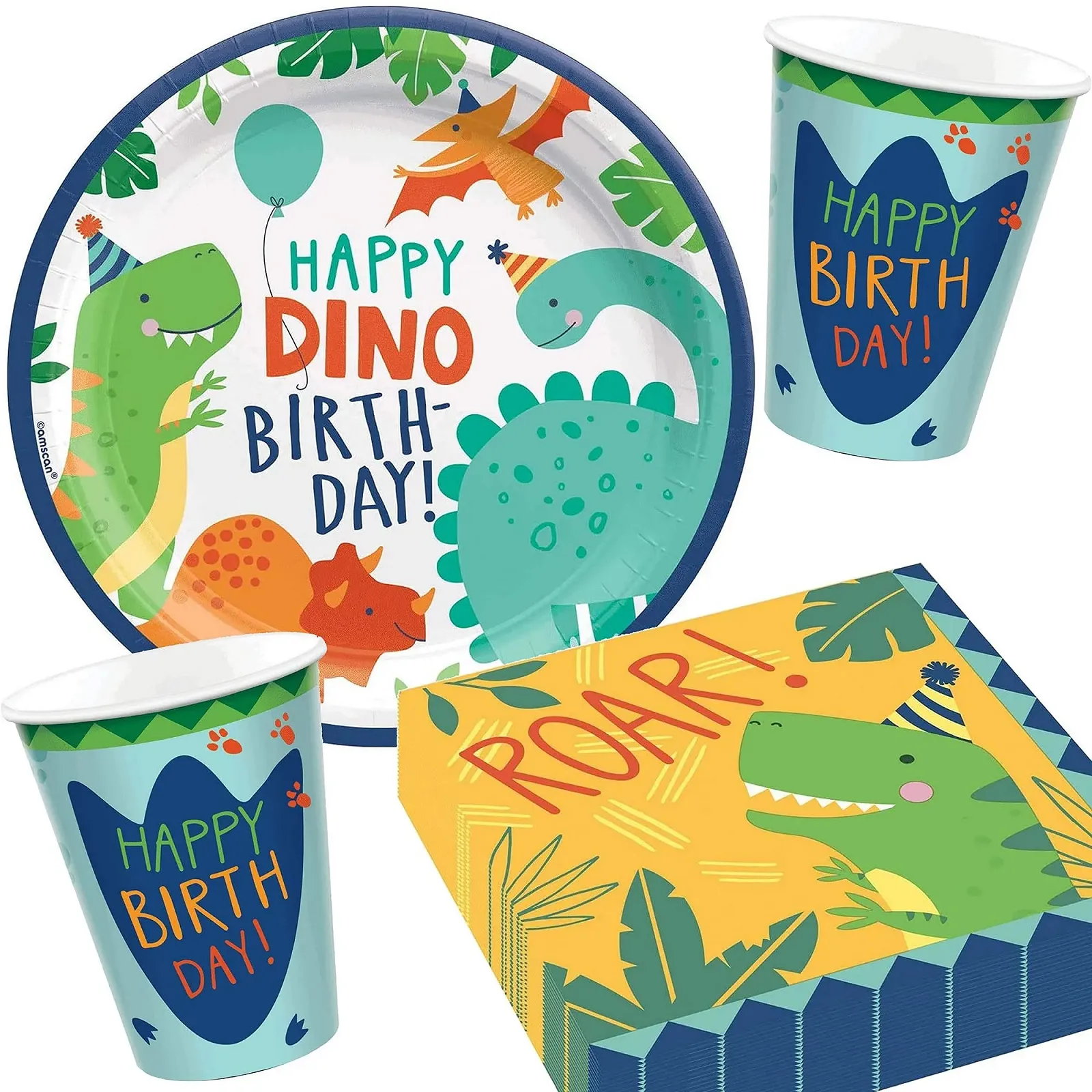 Набір посуду для вечірки Dino-Mite: тарілки, стаканчики, серветки та прикраси для дитячих днів народжень та тематичних вечірок з динозаврами, фото №1
