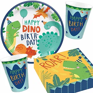 Набір посуду для вечірки Dino-Mite: тарілки, стаканчики, серветки та прикраси для дитячих днів народжень та тематичних вечірок з динозаврами - Фото 1