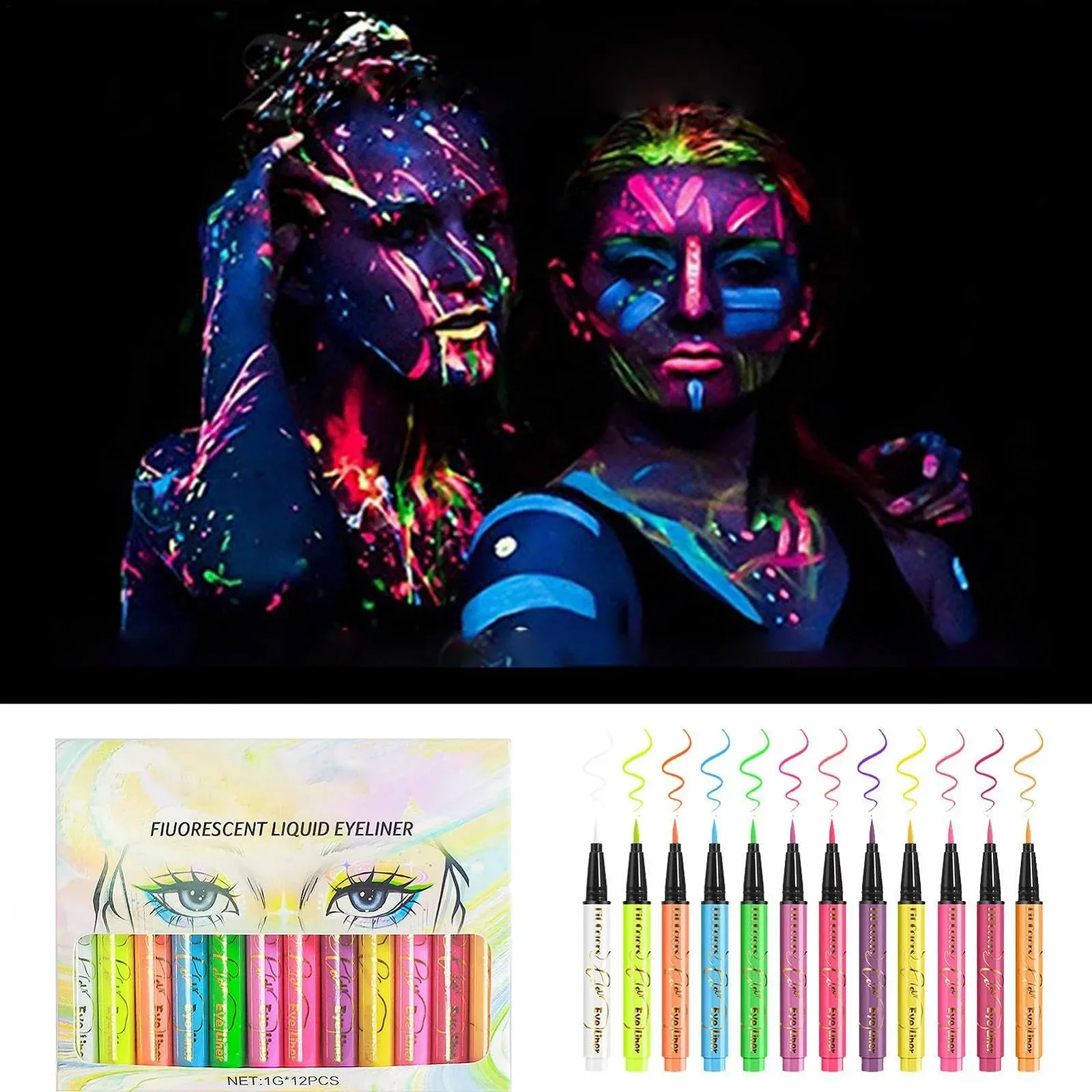 Рідка Підводка для очей Кольорова Водостійка Fluorescent Glitter Pack of 12 UV Neon Пігментована Графічна, фото №2