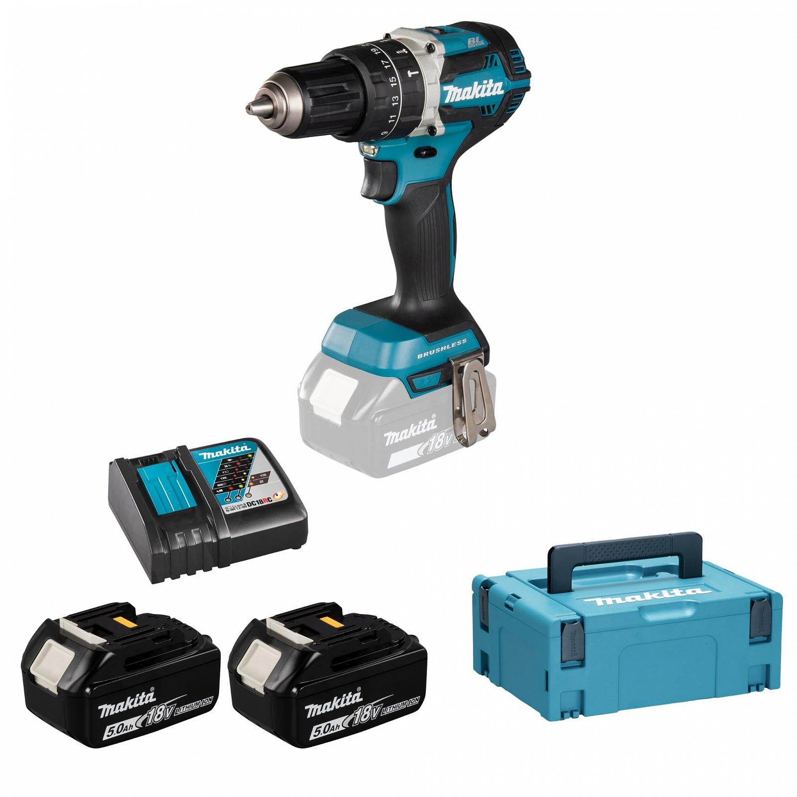Отвёртка Makita DHP484RTJ Аккумуляторная Ударная 18 В/5,0 А·ч, 2 Аккумулятора, Зарядное в MAKPAC 450 Вт, 18 В, Синий, Серебряный, фото №1