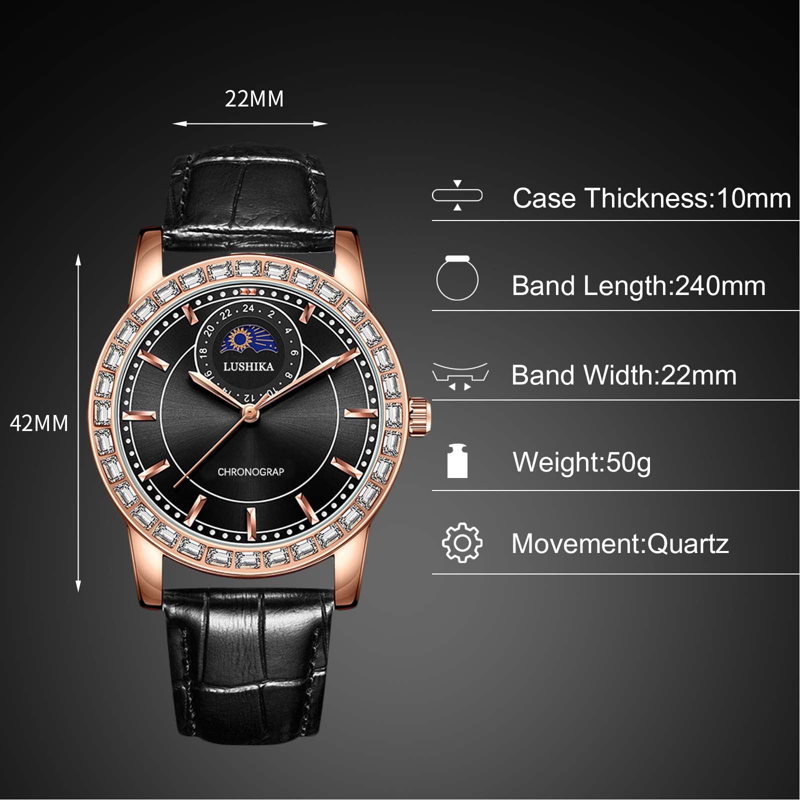 Часы rorios Мужские Аналоговые Кварцевые Бизнес Люминесцентные Водонепроницаемые Алмазный Циферблат Кожаный Ремешок Фазы Луны, фото №3