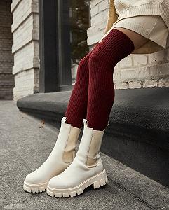Бордовые зимние чулки выше колена с шерсти мериноса для девушки - Фото 1