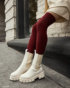 Бордові зимові панчохи вище коліна з вовни мериноса для дівчини - Фото 1