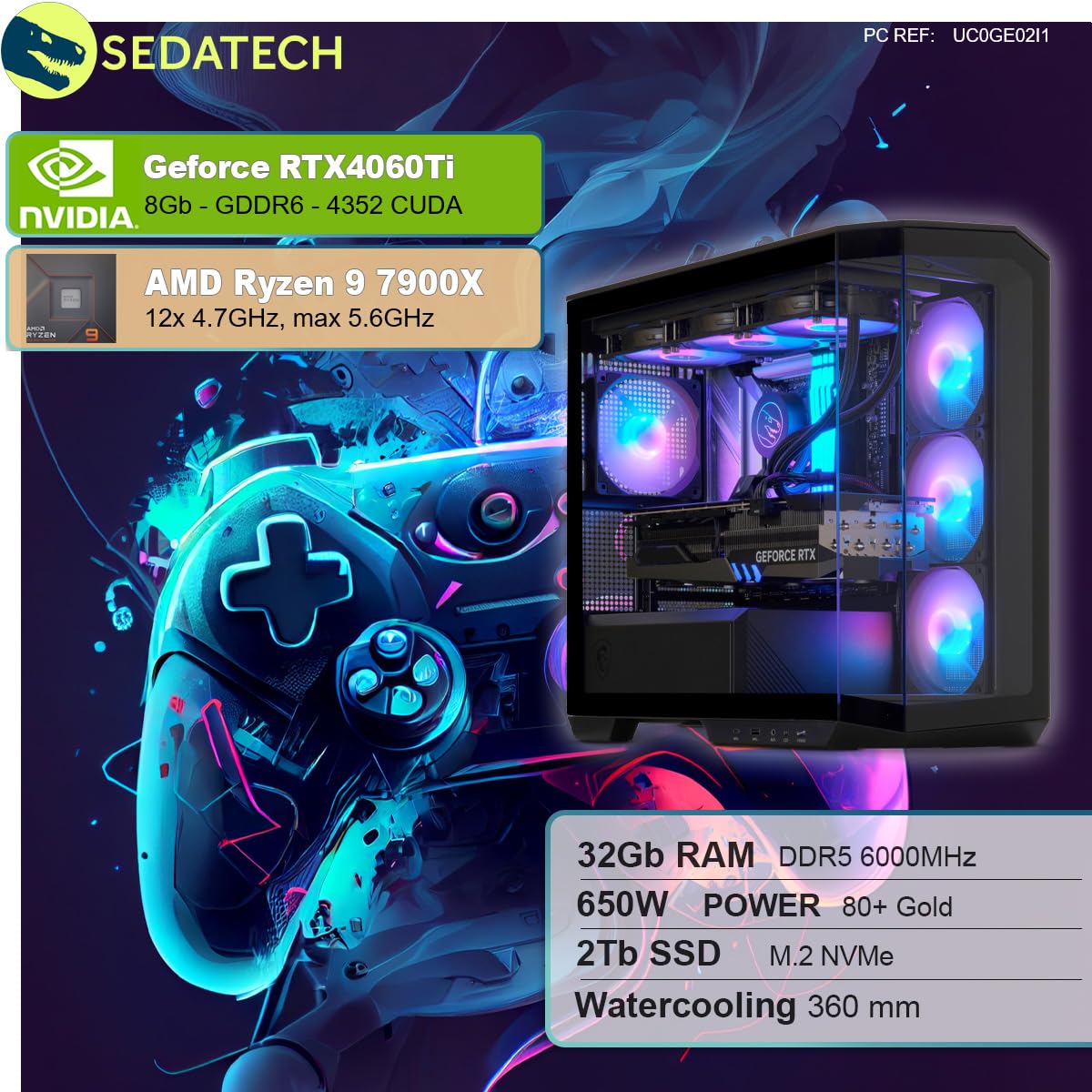 ПК Sedatech Advanced Gaming з водяним охолодженням AMD Ryzen 9 7900X RTX4060Ti 32GB DDR5 2TB SSD M.2 Без ОС, фото №2