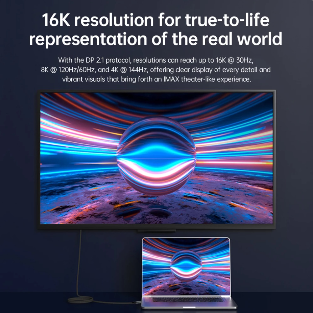 Кабель мультимедійний MOSHOU USB-C to DisplayPort DP2.1 16K30Hz 8K120Hz 80Gbps Thunderbolt 4 1.5 метри, фото №3