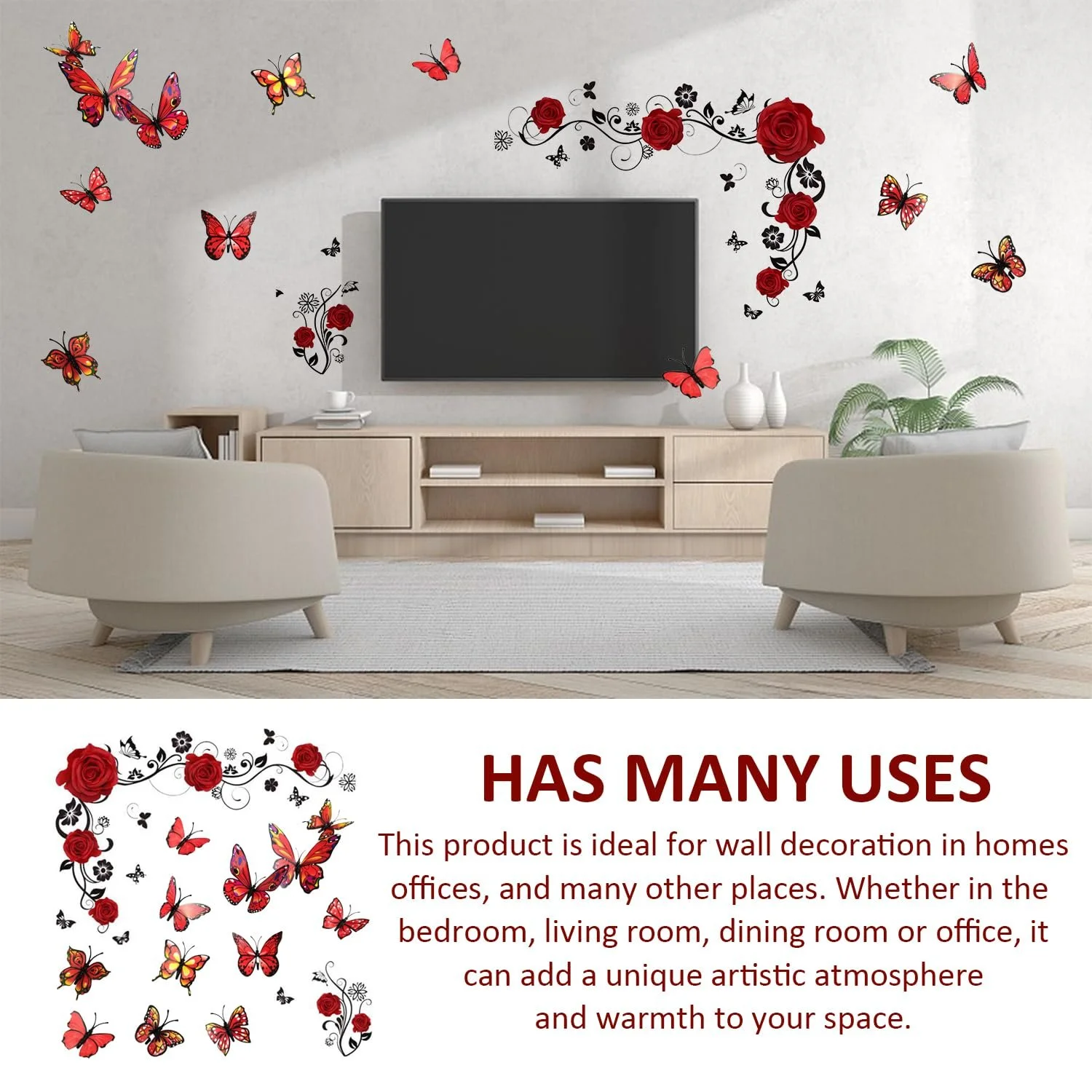 Наклейка на стіну Elee 1 Rose Wall Sticker and 12 3D Butterfly Wall Stickers Червона та чорна, фото №4