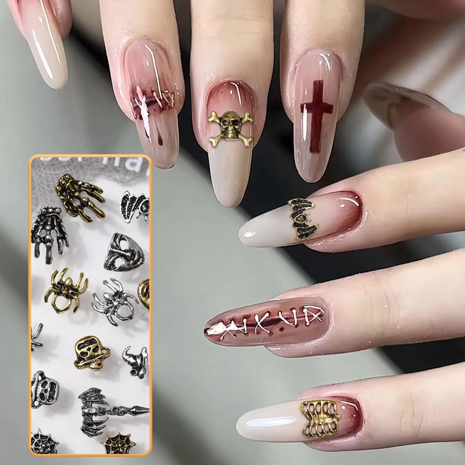 Хэллоуин Подвески для ногтей, 75 штук Череп Паук Драгоценные камни для ногтей со стразами, Ретро Скелет Призраки Рука Тыква Паутина Золото Серебро Сплав Ювелирные изделия для ногтей для DIY дизайна ногтей, фото №4
