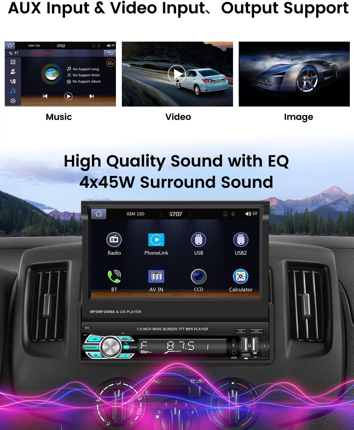 Автомагнітола Hikity / 7" / Сенсорна / Apple CarPlay / Android Auto / Bluetooth / USB / AUX / TF slot / 1DIN, фото №4