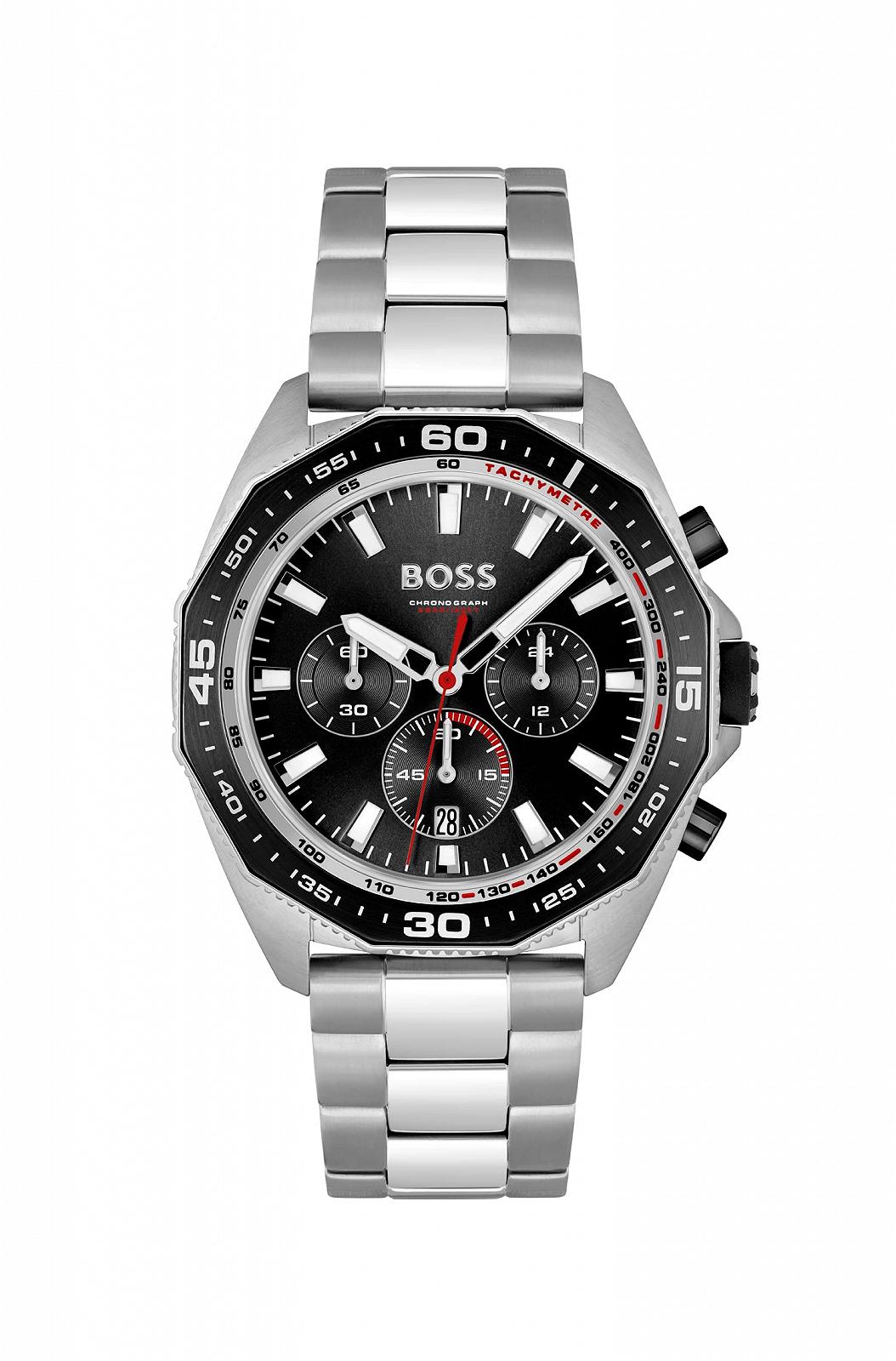 Часы BOSS Chronograph Quartz для мужчин с серебристым стальным ремешком - 1513971 черный Браслет, фото №1