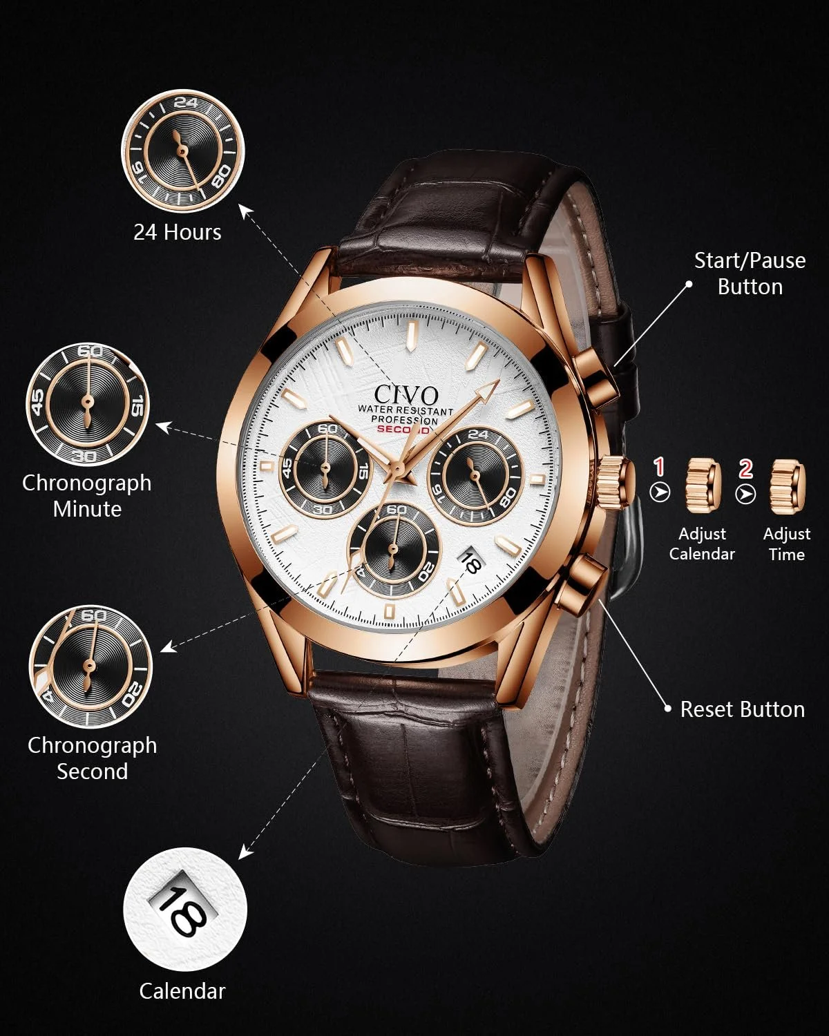 Чоловічий годинник CIVO Хронограф: аналоговий годинник з нержавіючої сталі зі шкіряним ремінцем, фото №4
