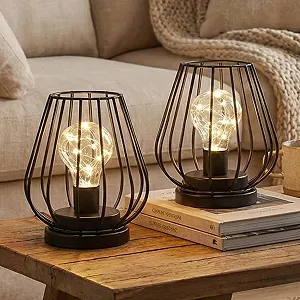 Набір з 2 настільних ламп TRIROCKS на батарейках, металеві, у формі клітки, висота 17 см чорні synthetic.ua - Фото 1