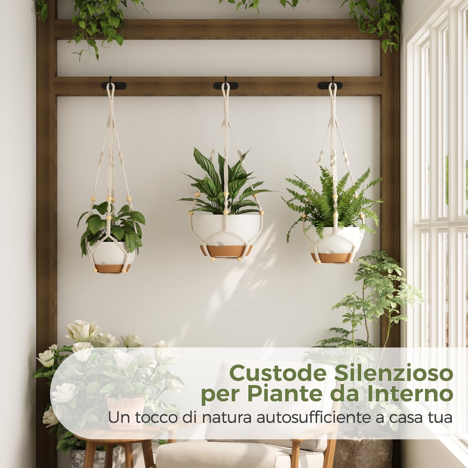 Набір кашпо підвісних Bamworld макраме з автополивом 3 шт. 28/23/20 см білий, фото №7