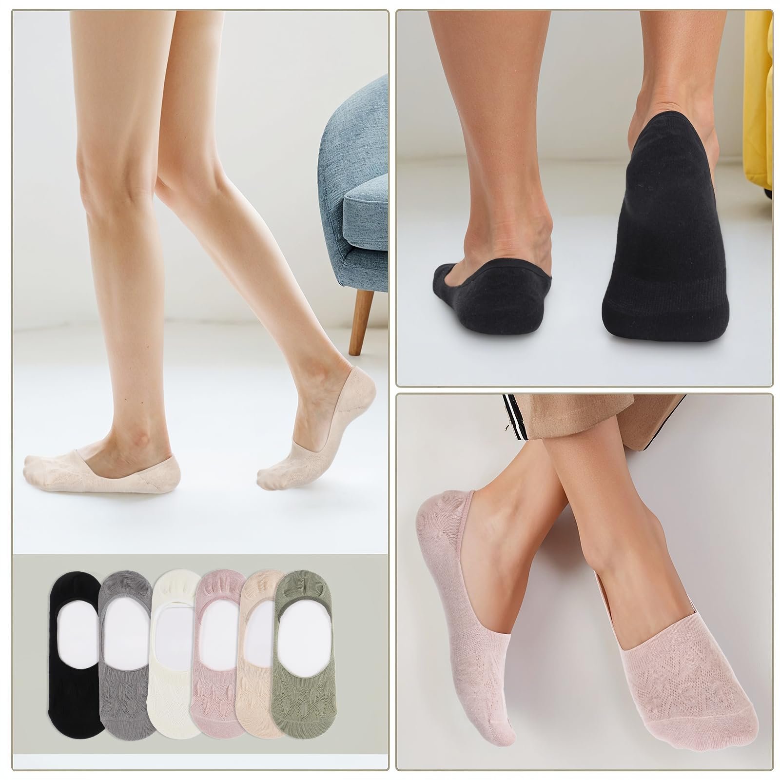 Носки-невидимки женские разноцветные (6 пар) Хлопок Силиконовая подкладка Невидимые дышащие носки для кроссовок Летние для мокасин (36-40), фото №7