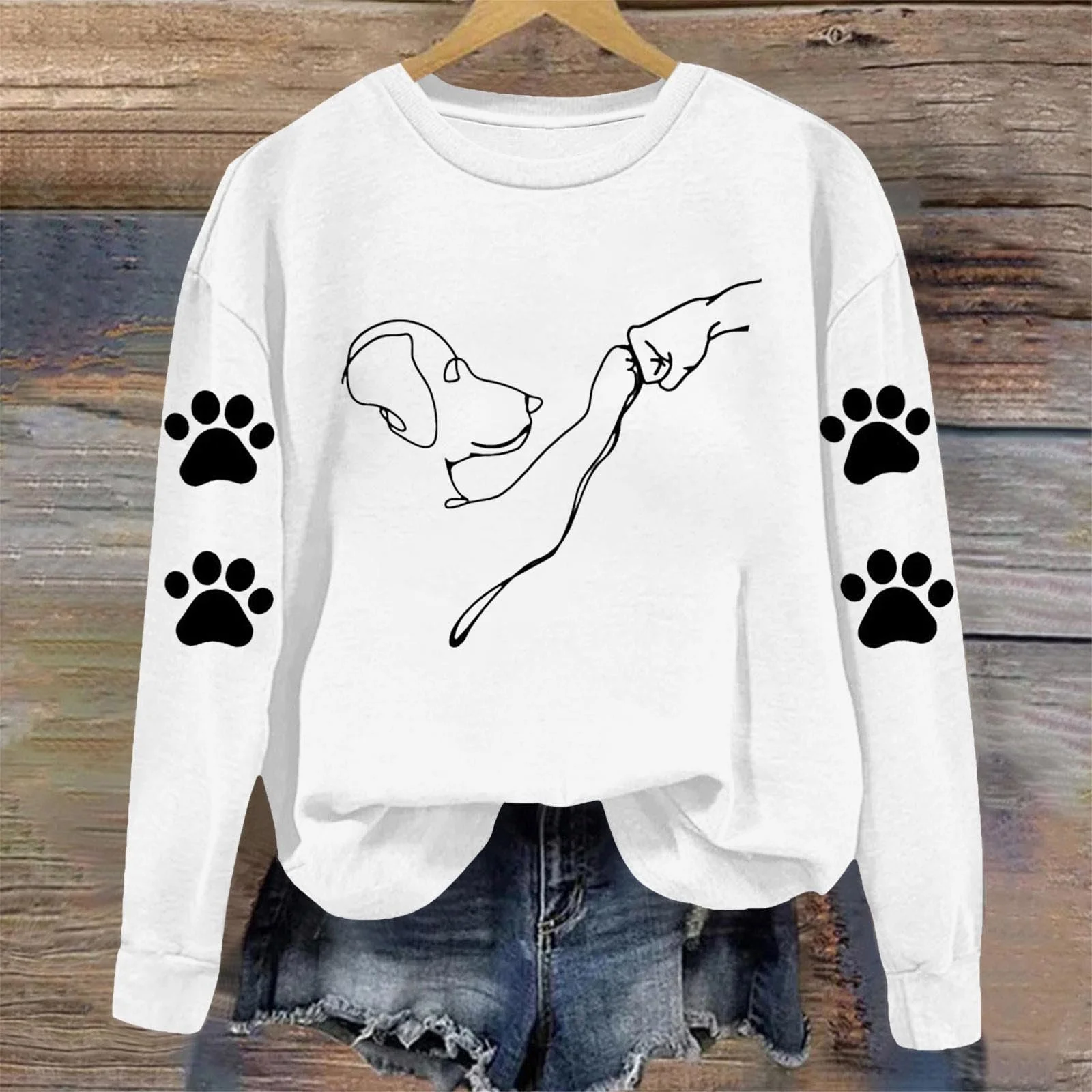 Свитшот Komiseup с принтом лапки, длинные рукава, круглый вырез, принт собаки, повседневный, с животными, осень-зима, спортивный, подростковый, для девочек 10, фото №2