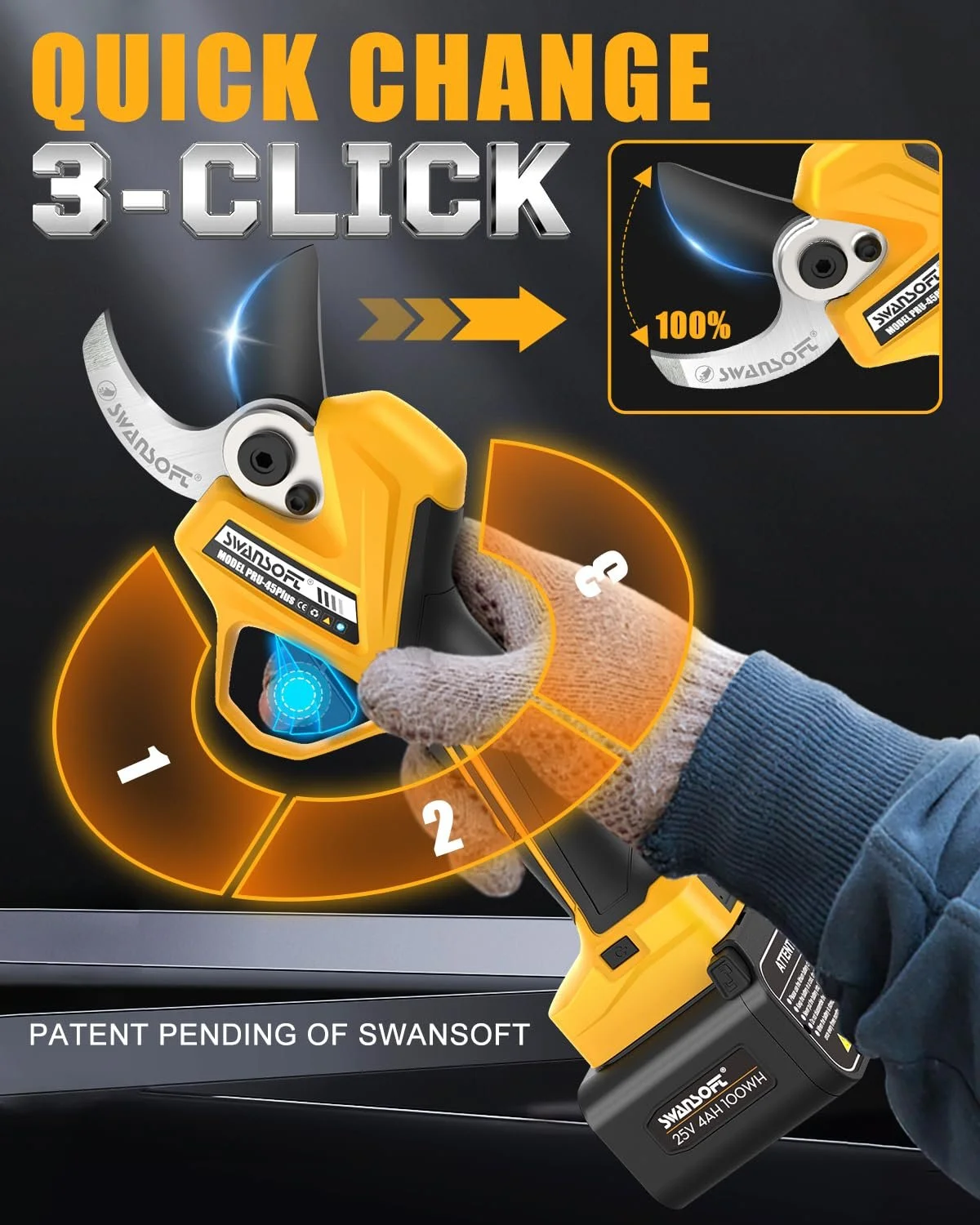 Секатор акумуляторний SWANSOFT PRU45-PLUS, 45 мм 25 V 1150 W, фото №3