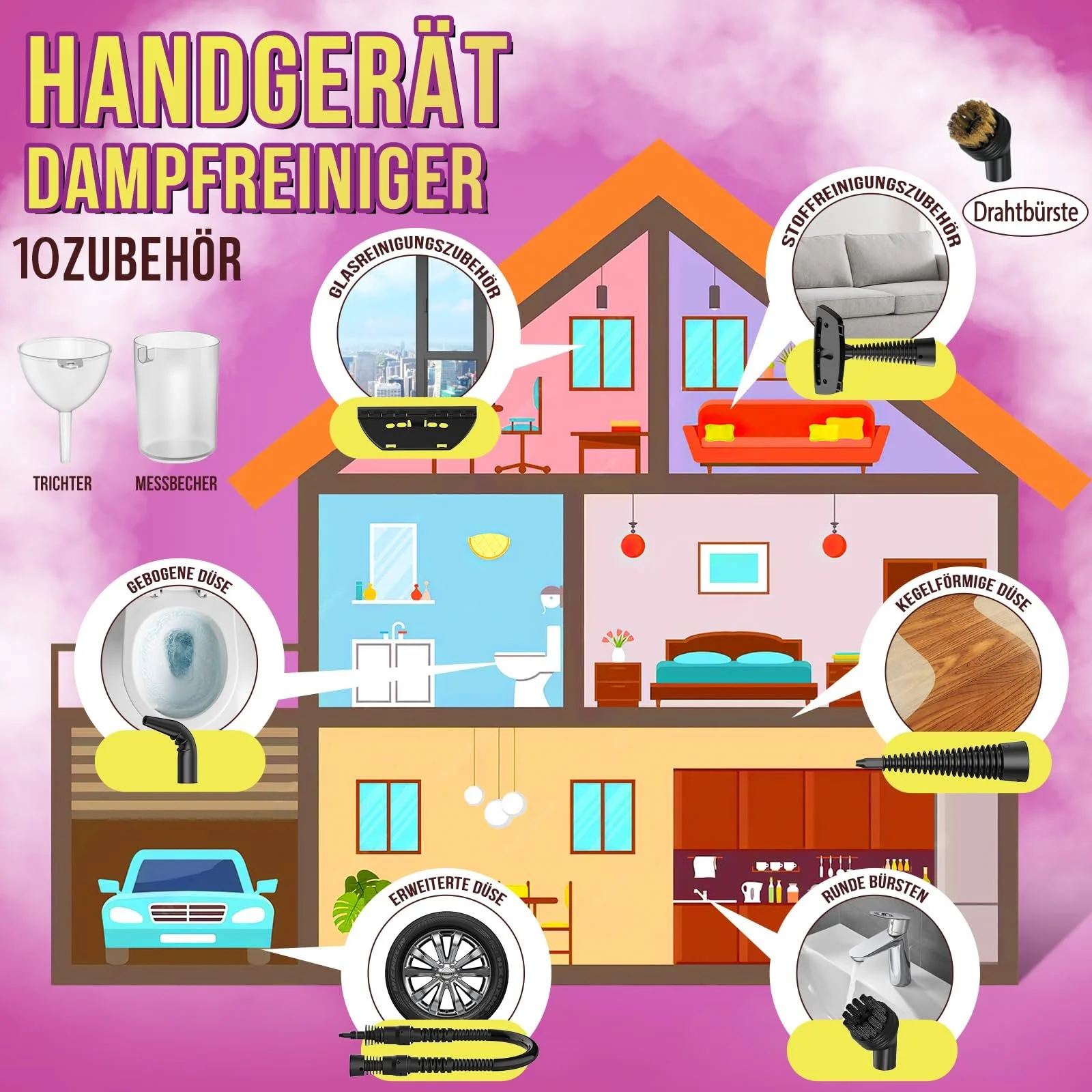 Ручний пароочисник 1050 Вт 3.5 бар 450 мл з 10 аксесуарами, фото №4 Ручний пароочисник 1050 Вт 3.5 бар 450 мл з 10 аксесуарами, фото №4