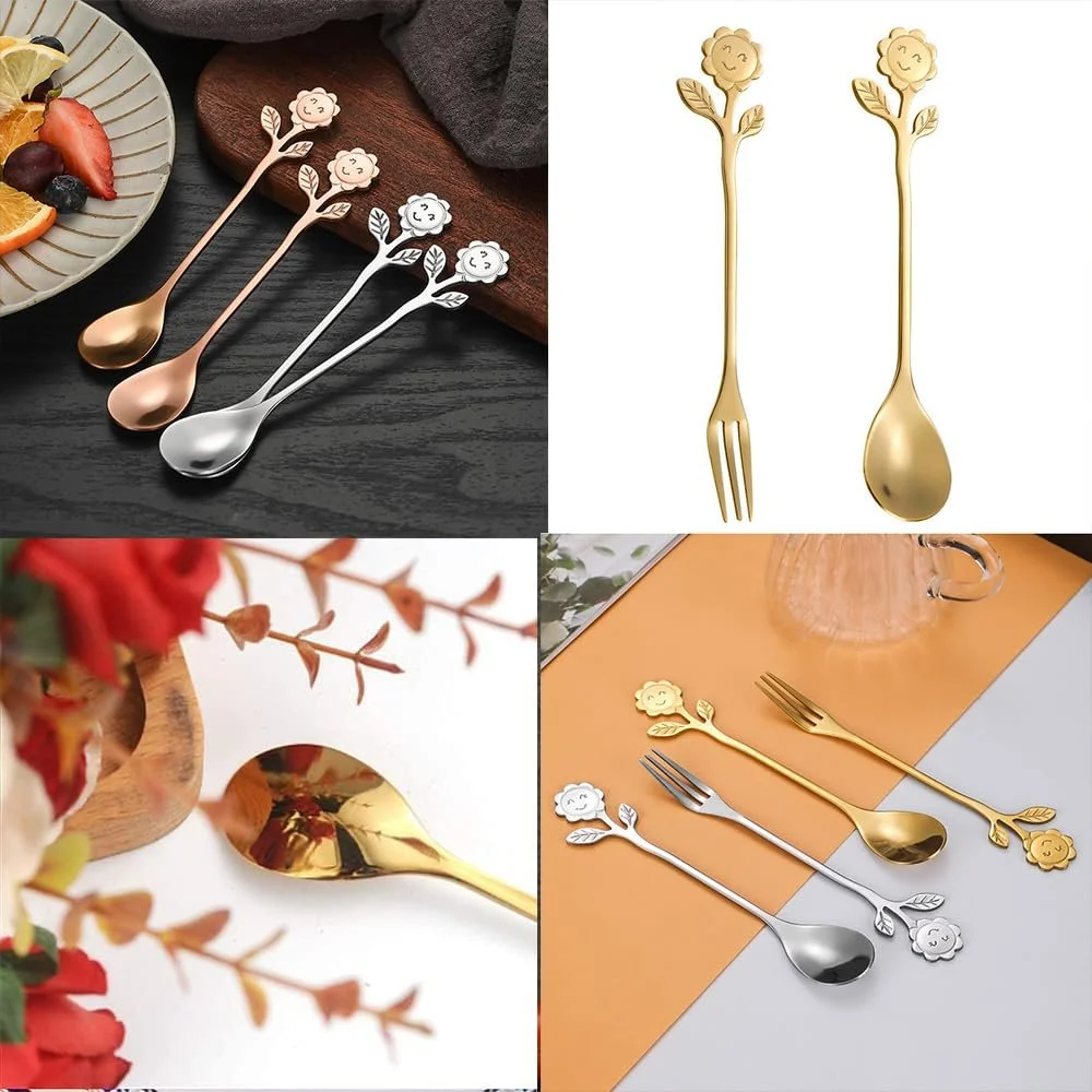 Ложка кофейная Цветочная, 6 штук Ложки кофейные, Ложки Листья, Ложки чайные из нержавеющей стали, Ложки десертные разноцветные, Вилки, Вилки для пирожных для кофе, десерта, мороженого, коктейля и т д, фото №3