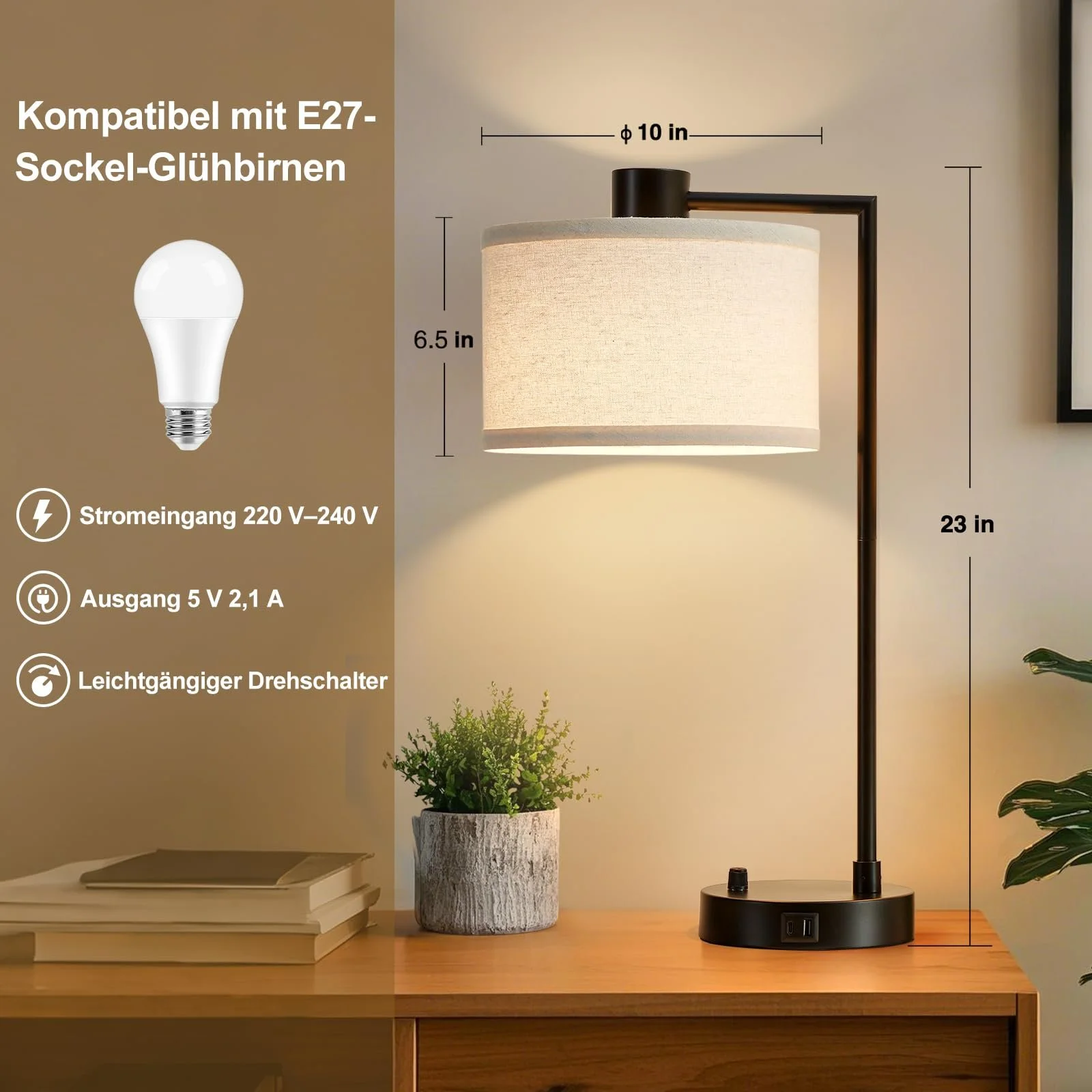 Настільна лампа GyroVu з функцією зарядки USB A+C димована з лляним абажуром (лампа в комплекті), фото №4