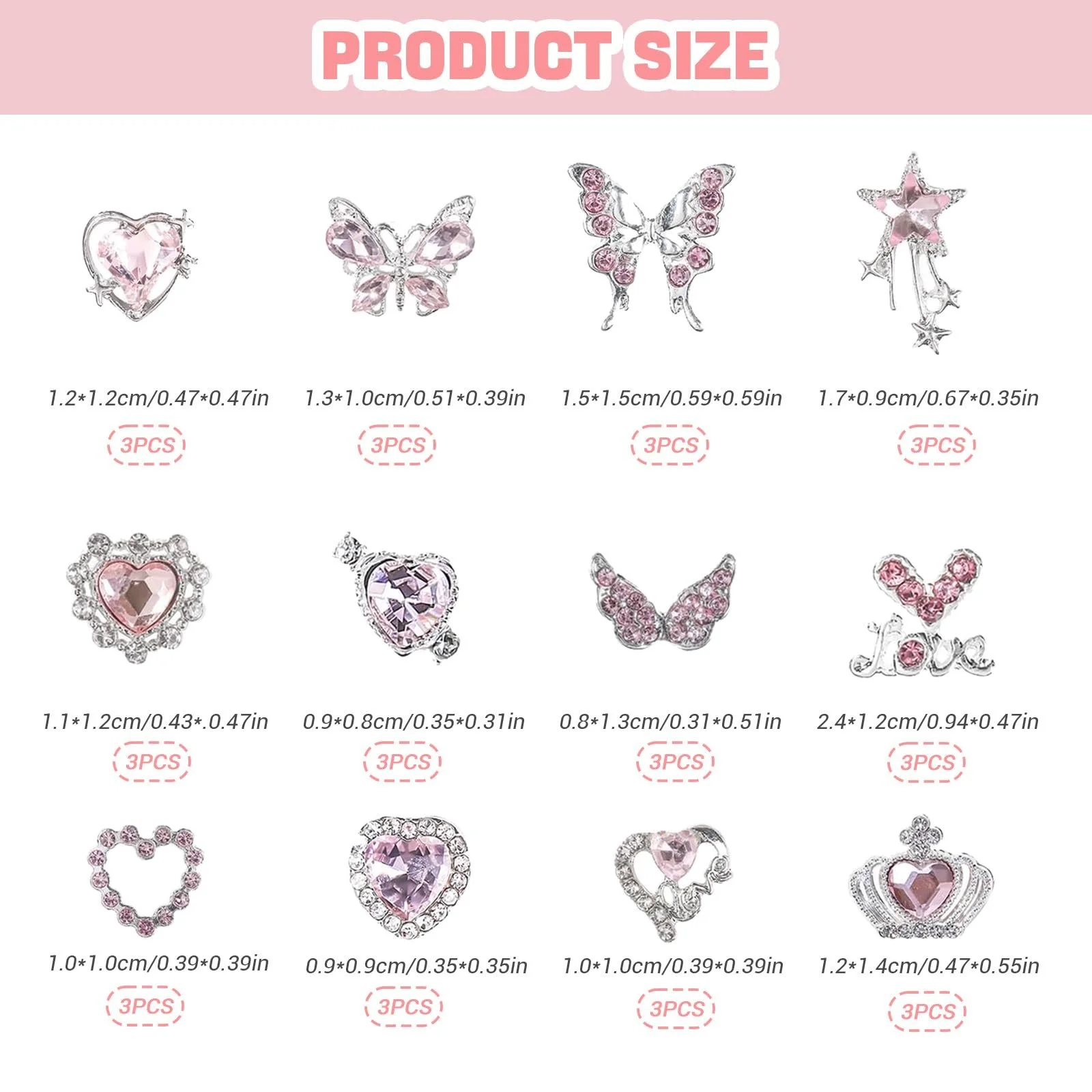 Украшения для ногтей Y2K Сердца, Бабочки, Бантики и Звезды Серебристый, 36 шт, фото №2