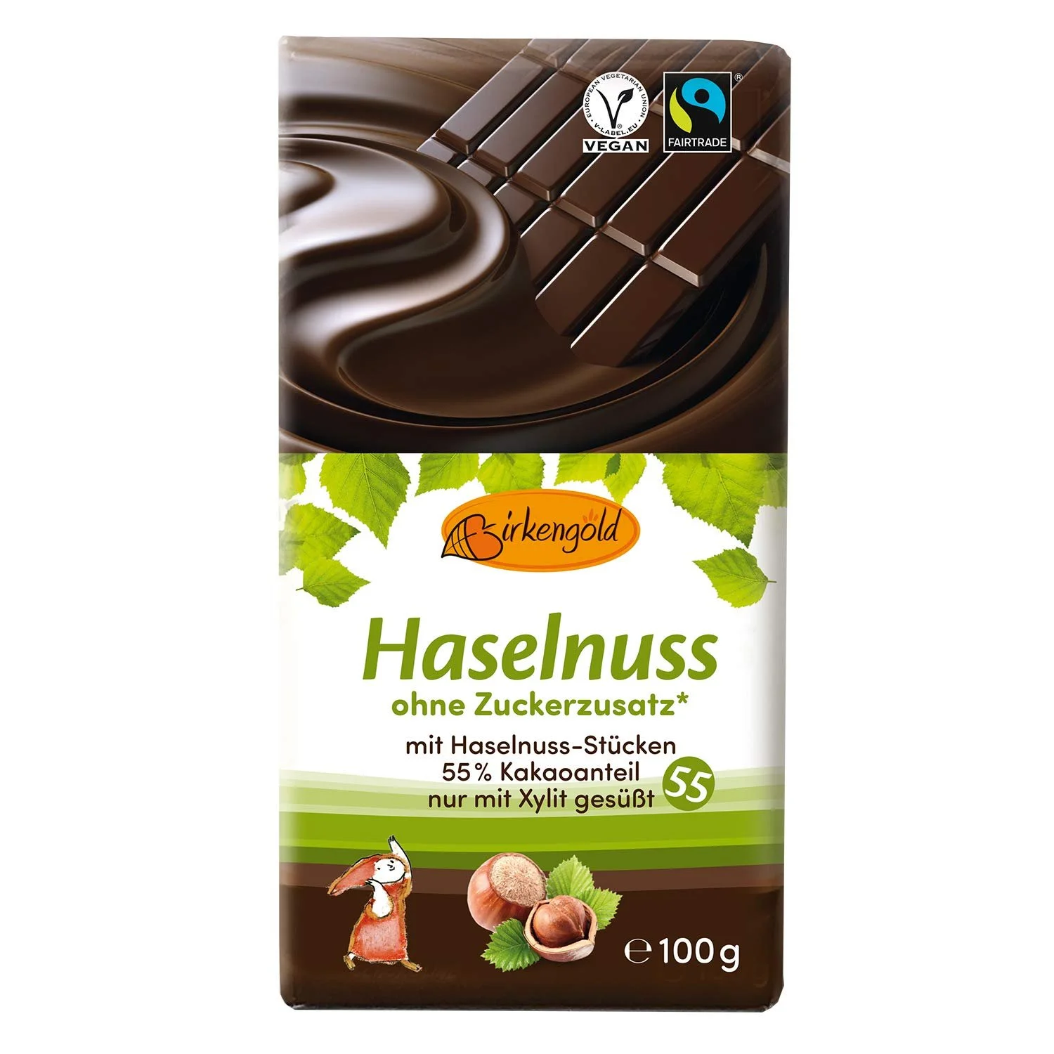 Шоколад Birkengold Hazelnut 100 г, 55% какао, з ксилітолом, Fair Trade, веганський, фото №1
