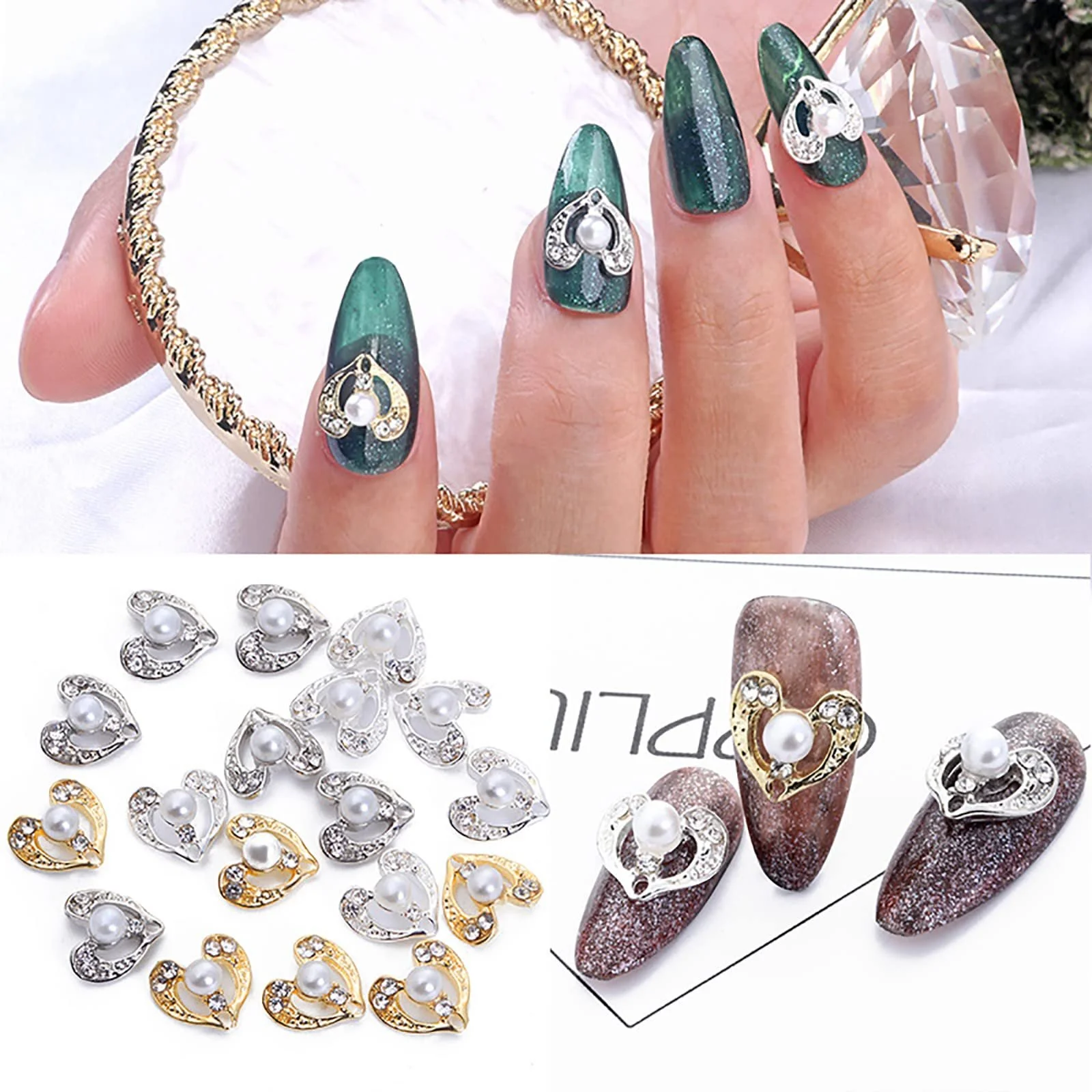 Аксессуары для дизайна ногтей Стразы 3D Блестки Стразы для ногтей Бусины Сплав 10шт Бусины Кристалл Сердце Любви Серебро, фото №6