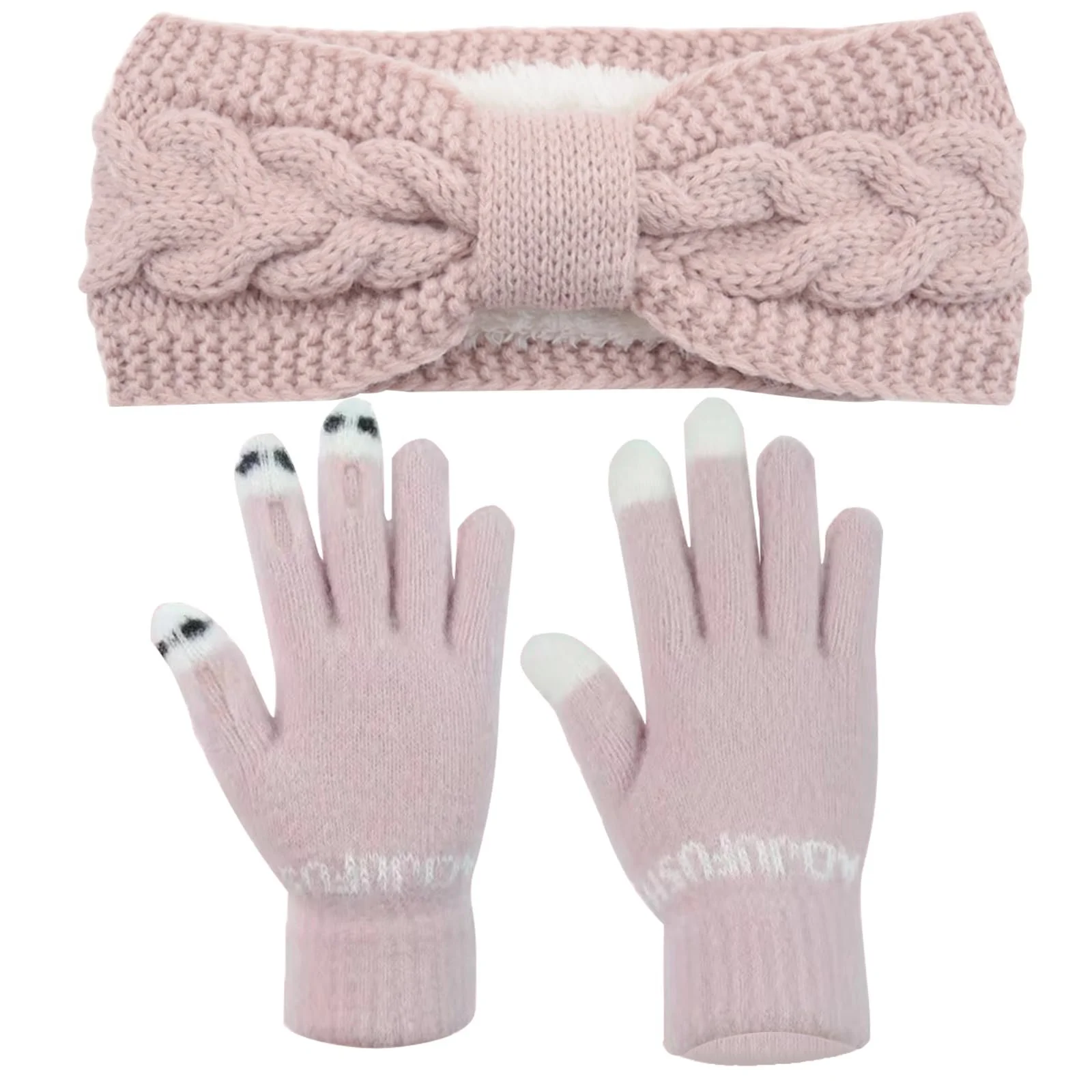 Вязаная Повязка на Голову Женская Эластичная для Согревания Ушей с Перчатками для Спорта Лыжного Осенью и Зимой Розовая, фото №1 Вязаная Повязка на Голову Женская Эластичная для Согревания Ушей с Перчатками для Спорта Лыжного Осенью и Зимой Розовая, фото №1