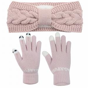 В'язана Пов'язка на Голову Жіноча Еластична для Зігрівання Вух з Рукавичками для Спорту Лижного Восени та Взимку Рожева - Фото 1