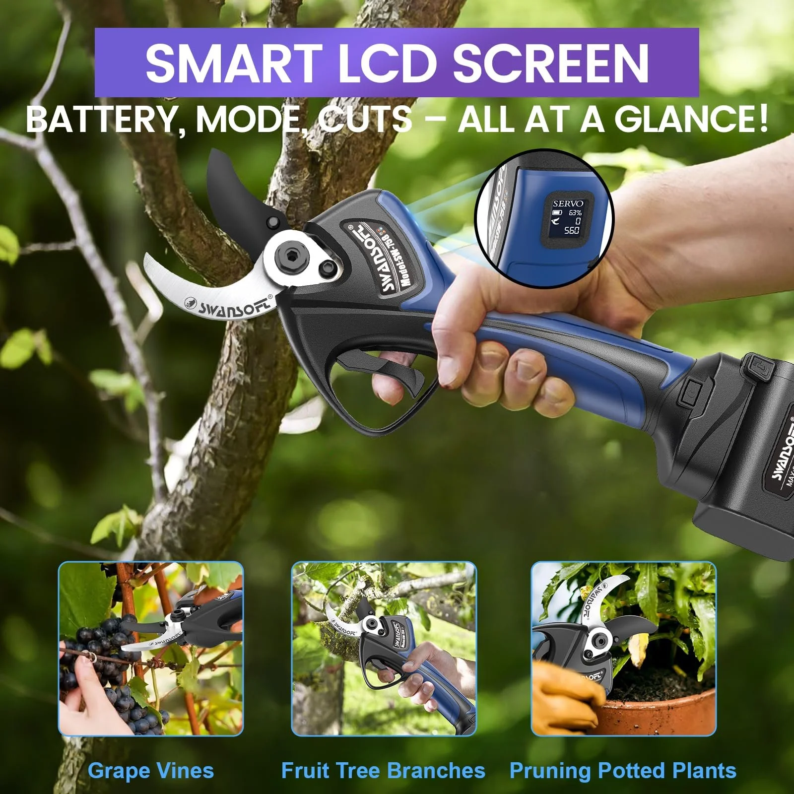Садові ножиці акумуляторні SWANSOFT 40 мм, 21 В, 1050 Вт, 4000 мАг x 2, безщітковий двигун, РК-дисплей, синій, фото №6