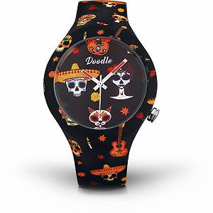 Часы Doodle Calaveras Mood DOSK005 с силиконовым ремешком, Черный с мексиканскими принтами черепа, Браслет - Фото 1