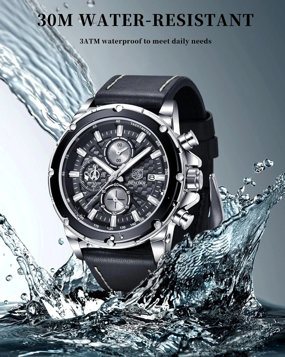 Чоловічий годинник BY BENYAR Кварцовий Хронограф Шкіряний Ремінець Чорний, фото №4