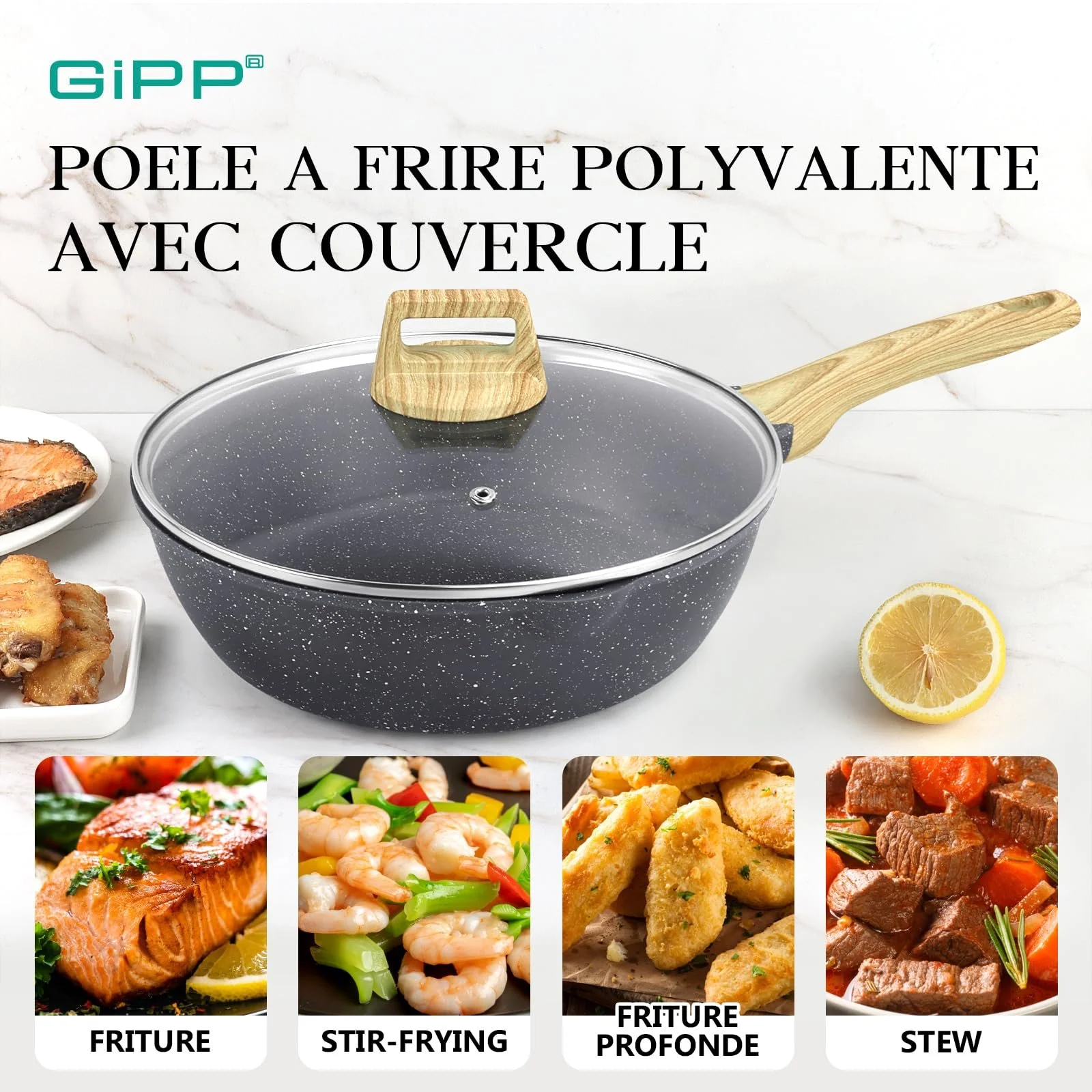 Сковорідка-вок GiPP Sauté Pans з високими стінками 28 см, антипригарна, з кришкою, 4.3 л, керамічне антипригарне покриття, сіра, фото №5 Сковорідка-вок GiPP Sauté Pans з високими стінками 28 см, антипригарна, з кришкою, 4.3 л, керамічне антипригарне покриття, сіра, фото №5