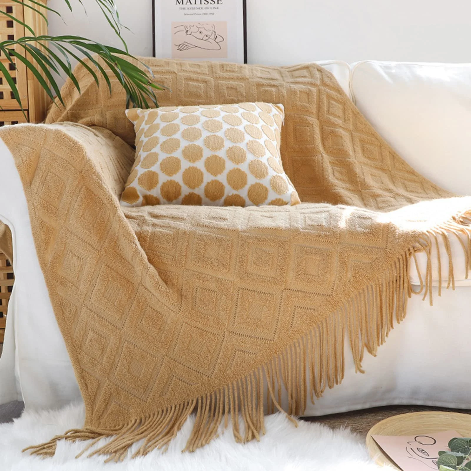 В'язаний Плед LumiSyne Однотонний Жаккардовий Ромбовидний Візерунок Бежевий 180 x 240 см, фото №2