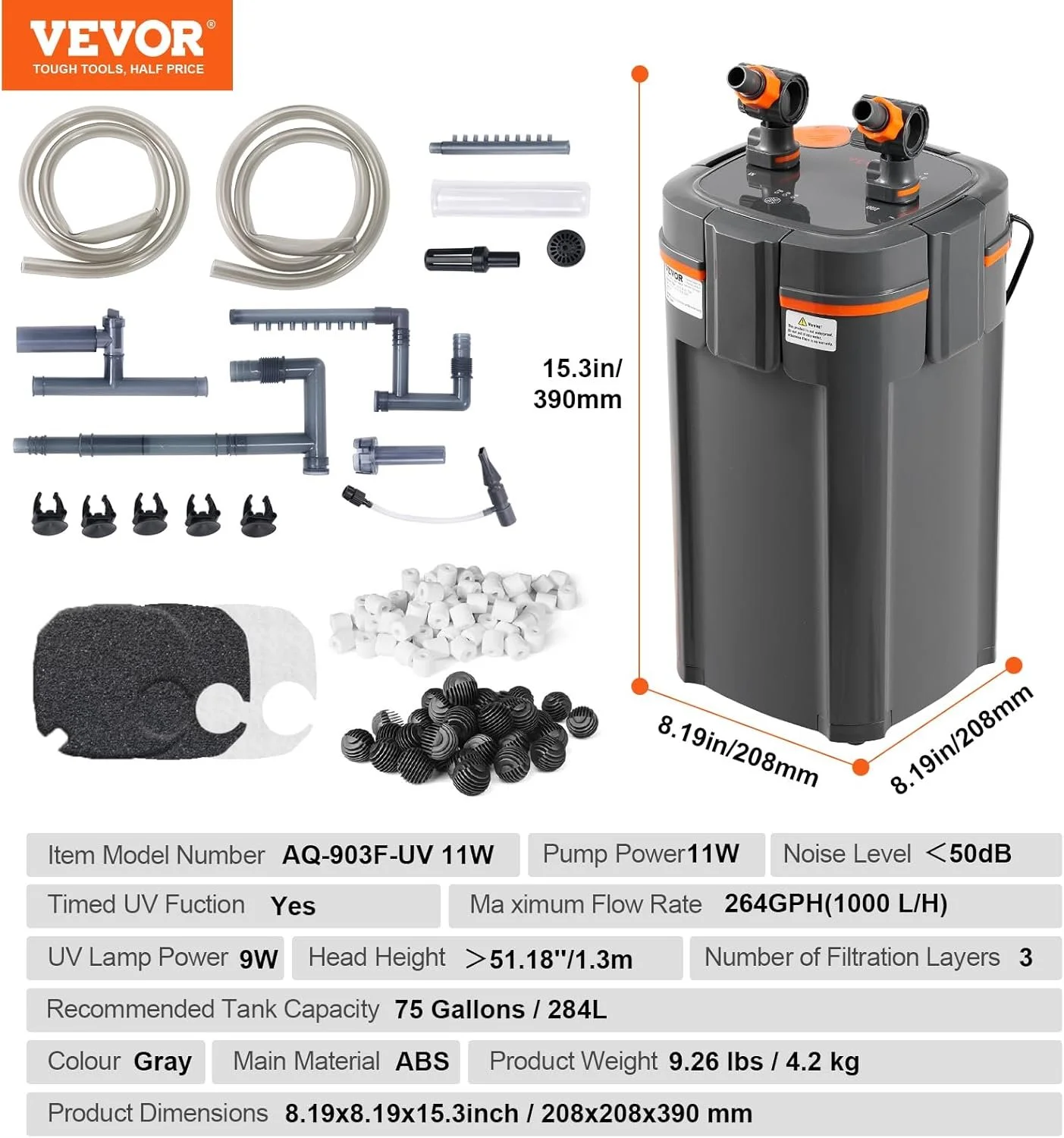 Аквариумный фильтр Vevor AQ-903F-UV Серый, фото №6 Аквариумный фильтр Vevor AQ-903F-UV Серый, фото №6