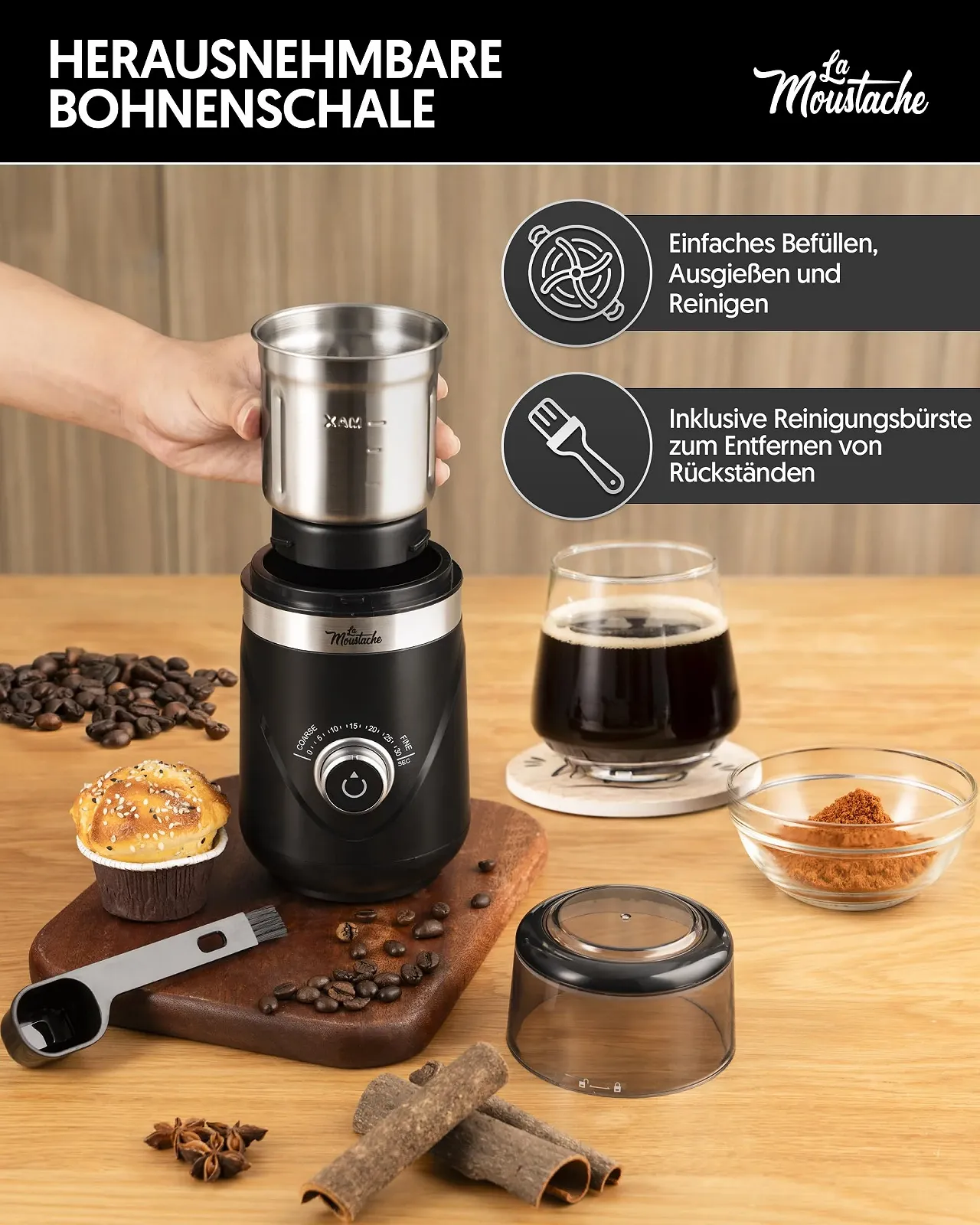 Электрическая кофемолка La Moustache GrindMini Black, 150 Вт, лезвия из нержавеющей стали, вместимость 80 г, регулируемый помол от 5 до 30 секунд, тихая 60 дБ, фото №5 Электрическая кофемолка La Moustache GrindMini Black, 150 Вт, лезвия из нержавеющей стали, вместимость 80 г, регулируемый помол от 5 до 30 секунд, тихая 60 дБ, фото №5