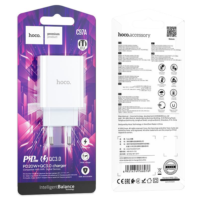 Сетевое зарядное устройство Hoco C97A PD 20W Type-C USB QC3.0 3A White, фото №5