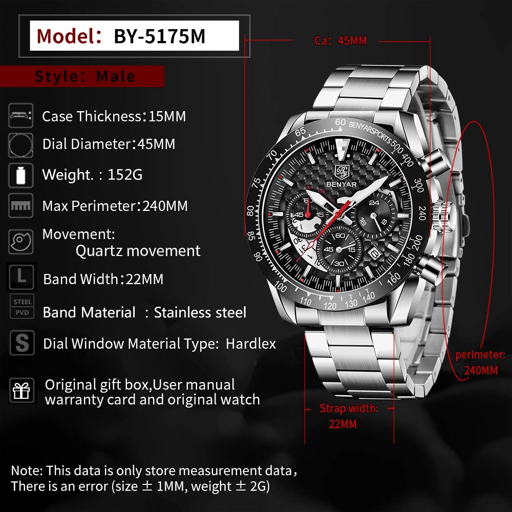 Мужские часы Benyar Quartz Кожаный ремешок Черный Хронограф, фото №6 Мужские часы Benyar Quartz Кожаный ремешок Черный Хронограф, фото №6