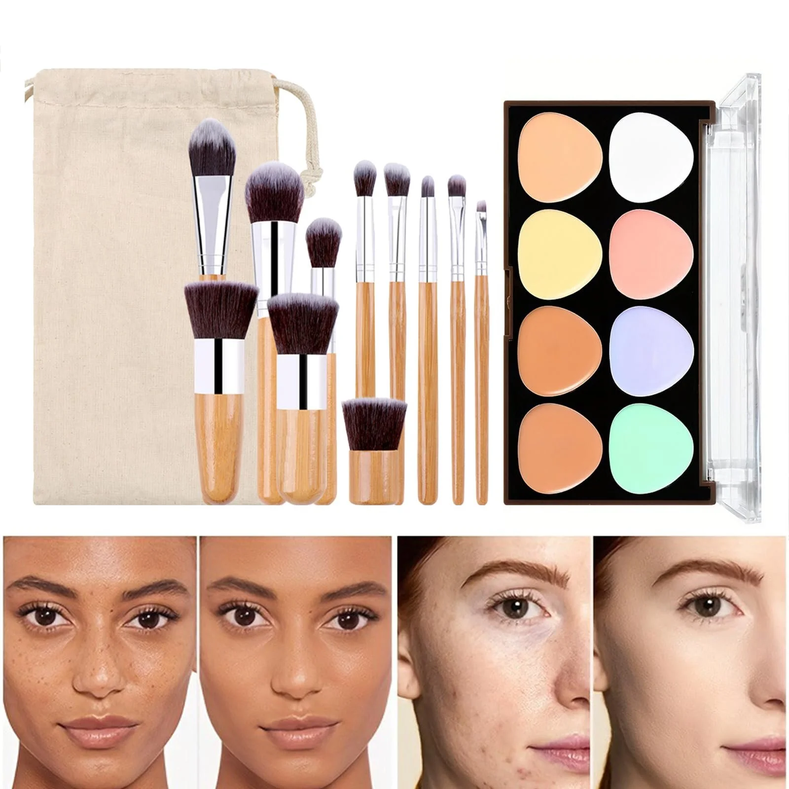 Палетка консилеров Holzsammlung 8 цветов с 11 косметическими кистями для камуфляжа, контурирования и выделения, фото №2