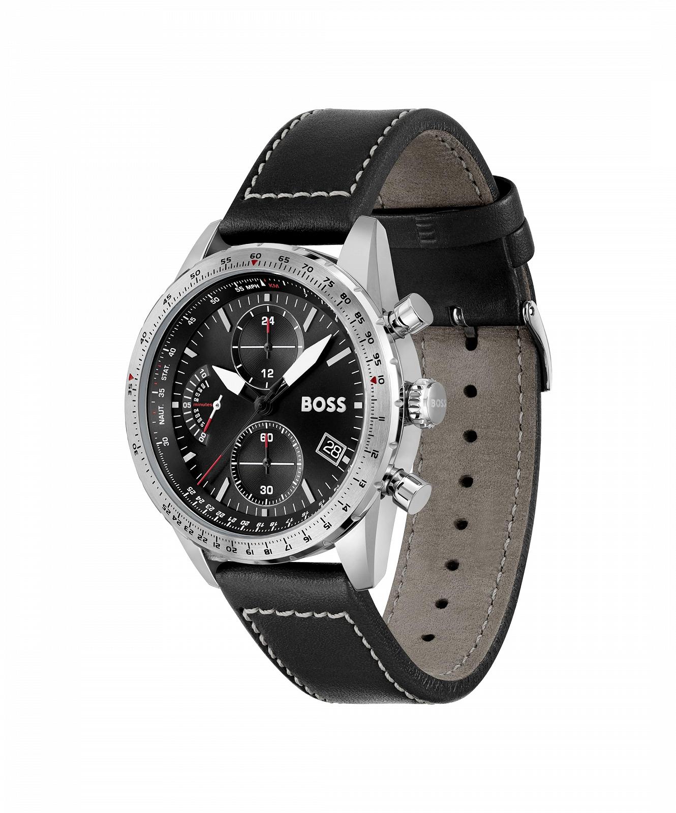 Хронограф BOSS Чоловічі Pilot Edition Chrono 44 мм, чорний циферблат, чорний шкіряний ремінець, функція дати, 3 тоталізатори, водонепроникність 5 атм, чорний, класичний і спортивний, фото №2