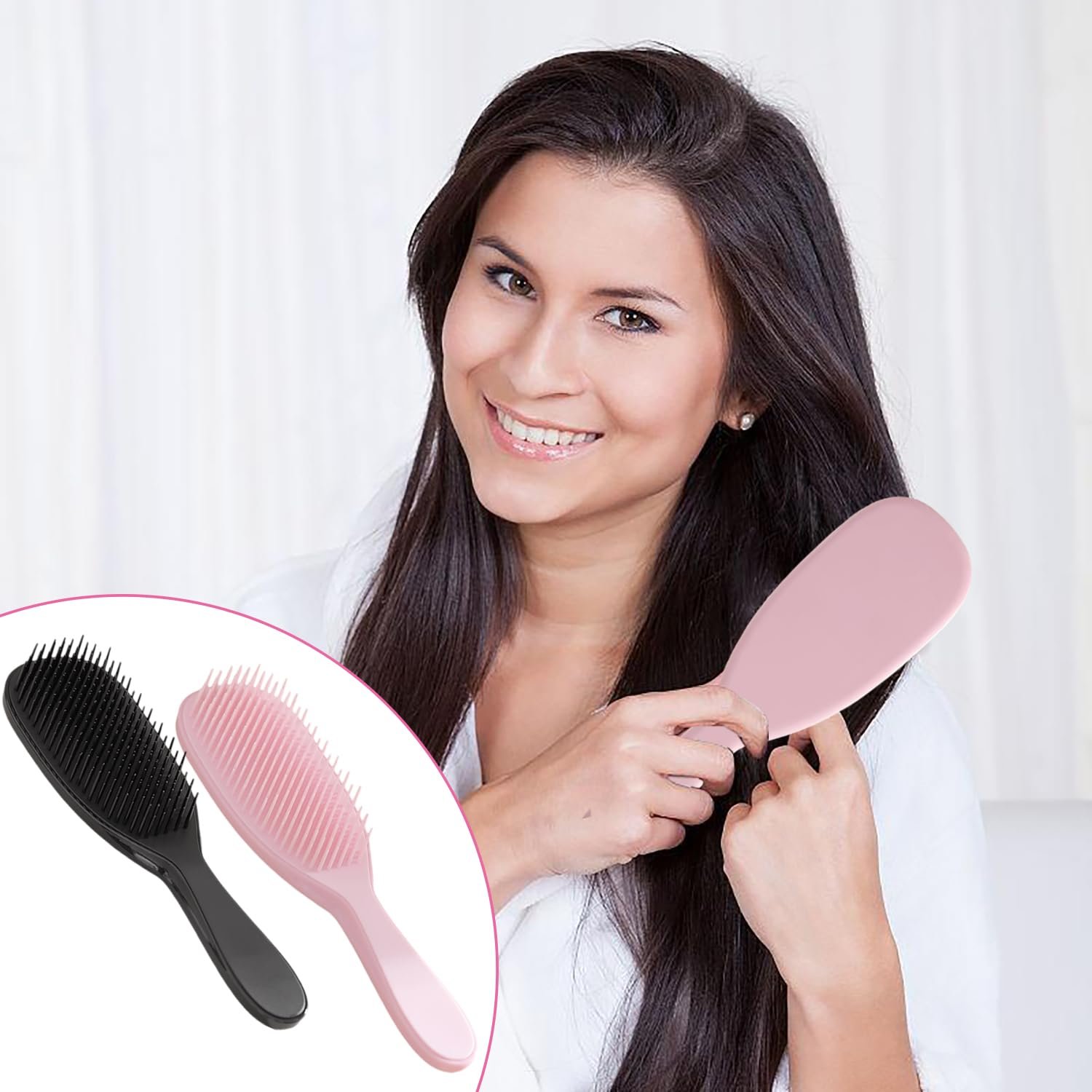 Щітка Kzouenzu Wet Detangler для тонкого і ламкого волосся, для вологого і сухого волосся, розплутує всі типи волосся, усуває вузли та зменшує ламкість [Чорний + Рожевий], фото №3