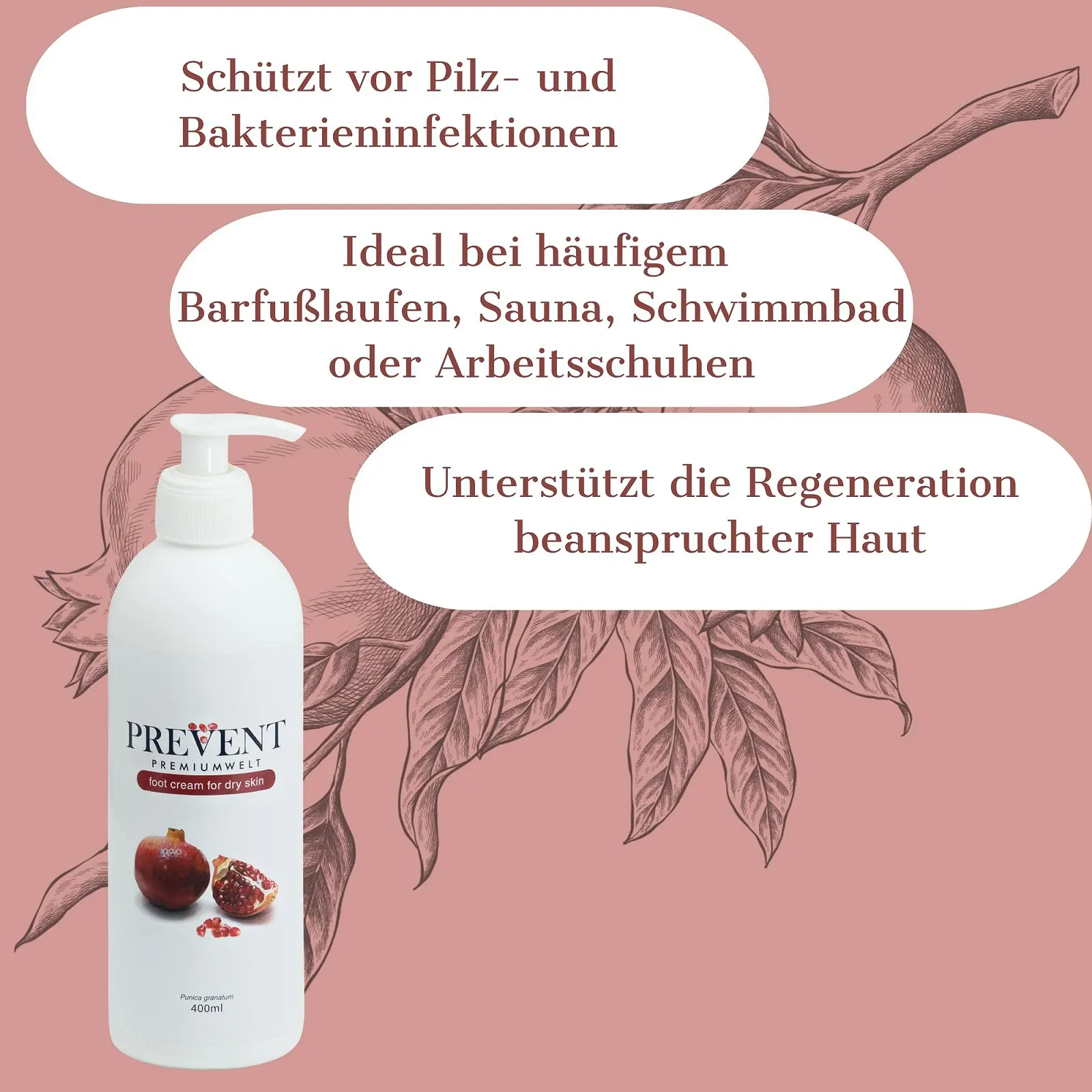 Крем для ног Premiumwelt PREVENT увлажняющий с экстрактом граната 400 мл, фото №3