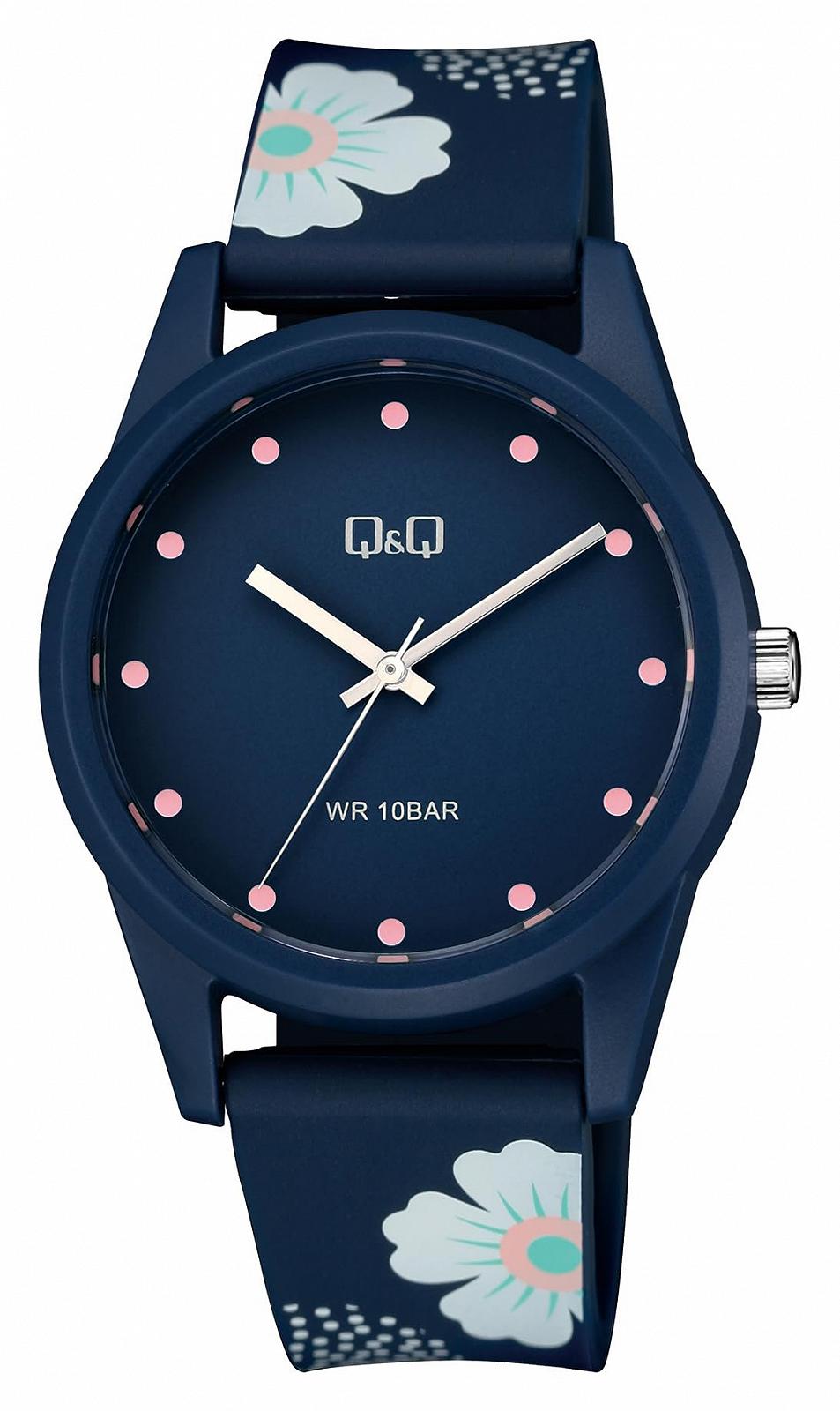 Женские часы Q&Q V08A-003VY, аналоговые, кварцевые, темно-синие, с цветочным узором, силиконовый ремешок, застежка-пряжка, 10 Бар, фото №5