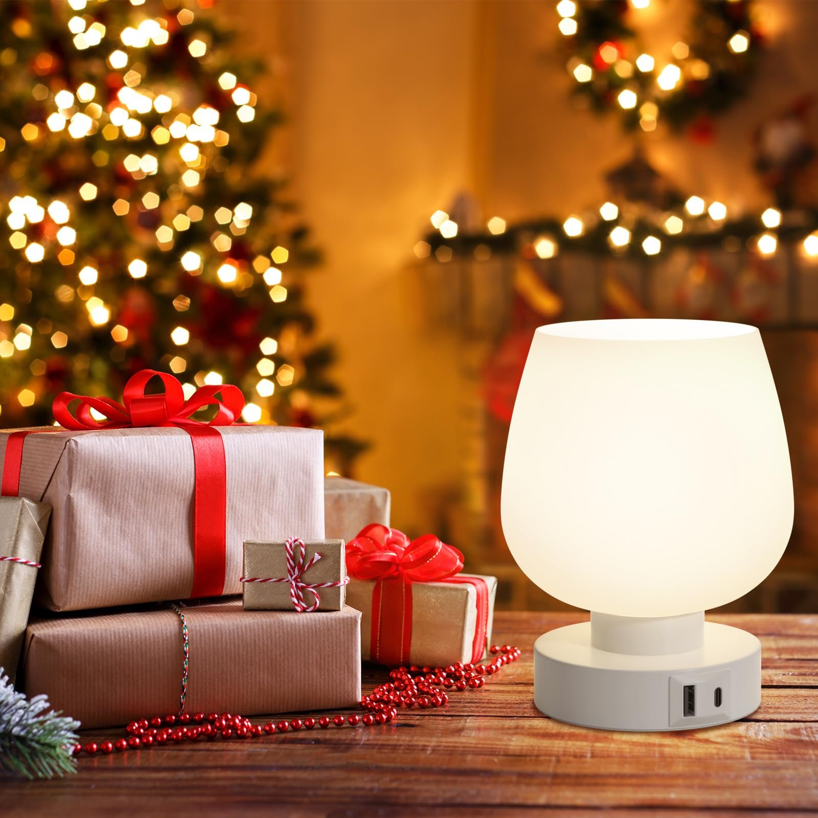 Настільна лампа PreeOtti сенсорна з регулюванням яскравості біла з роз'ємами USB A+C LED мала скляна з кабелем, фото №9