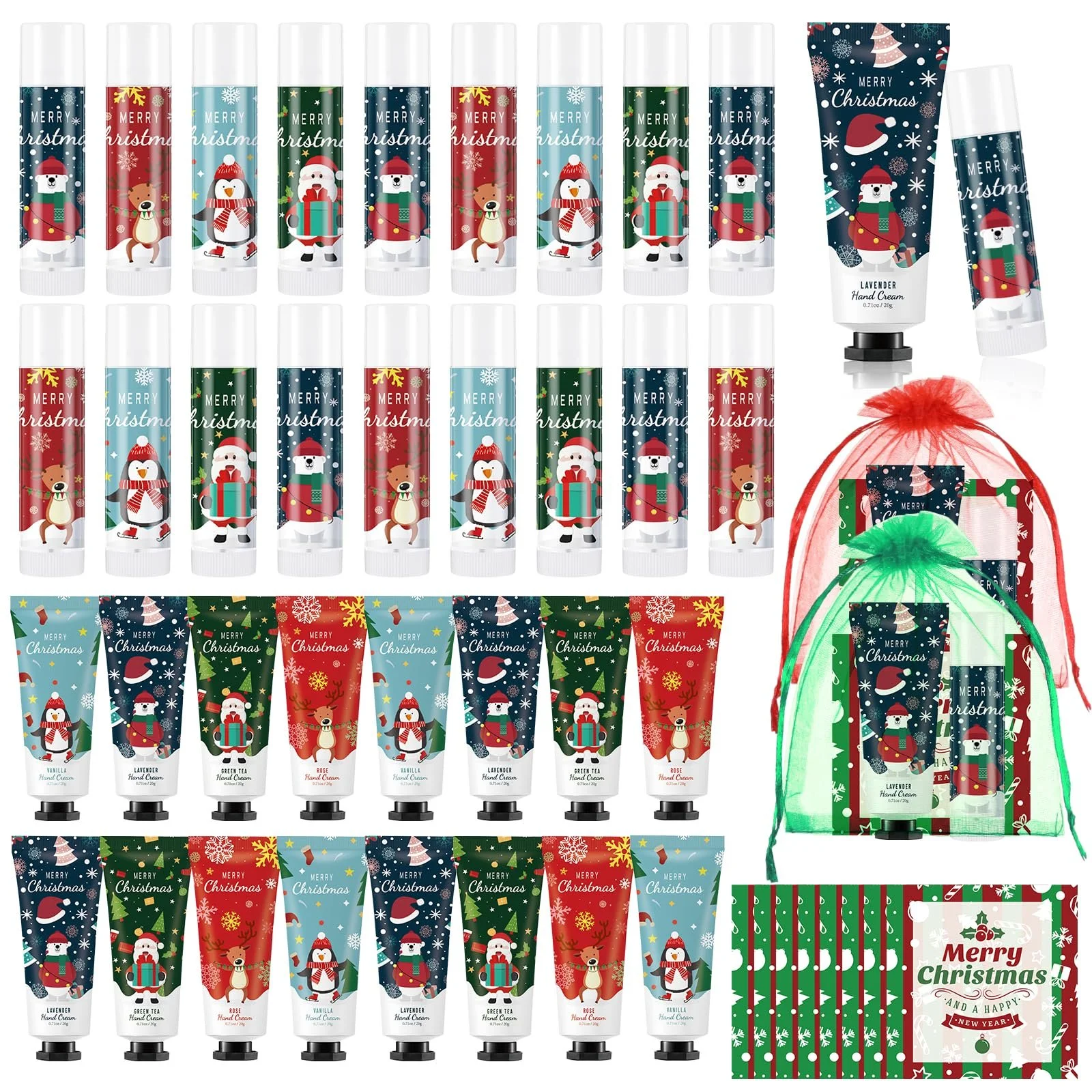 Крем для рук Maitys Christmas набор, увлажняющий, бальзам для губ, мешочек из марли, открытки благодарности, натуральный, парфюмированный (12 наборов), фото №1