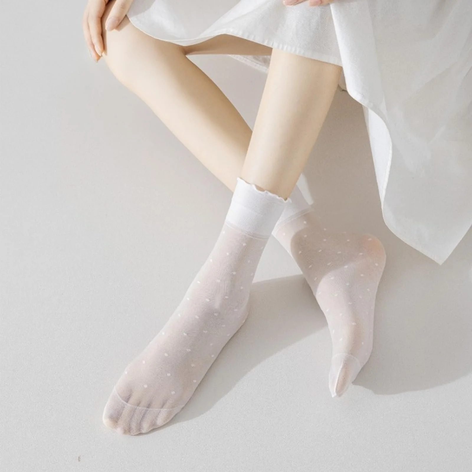 4 пари жіночих прозорих панчіх з рюшами, тілесні, фото №5